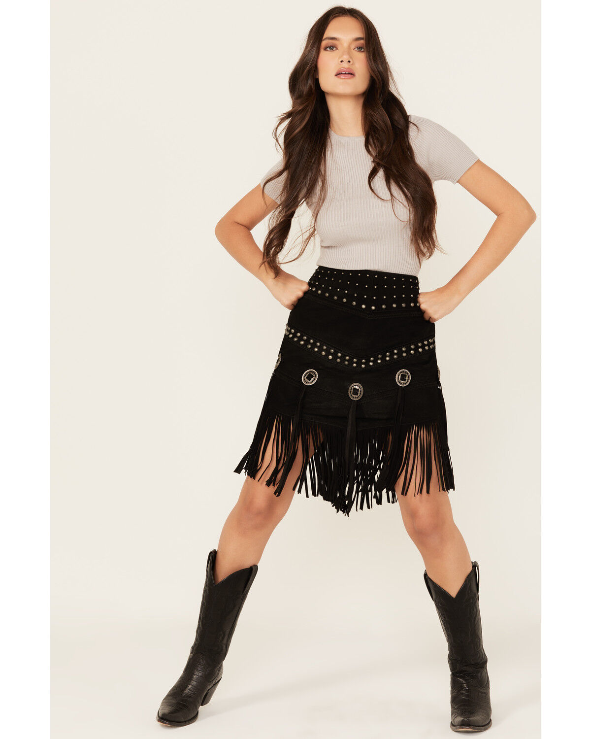 Scully Women's Fringe Concho Studded Suede Skirt