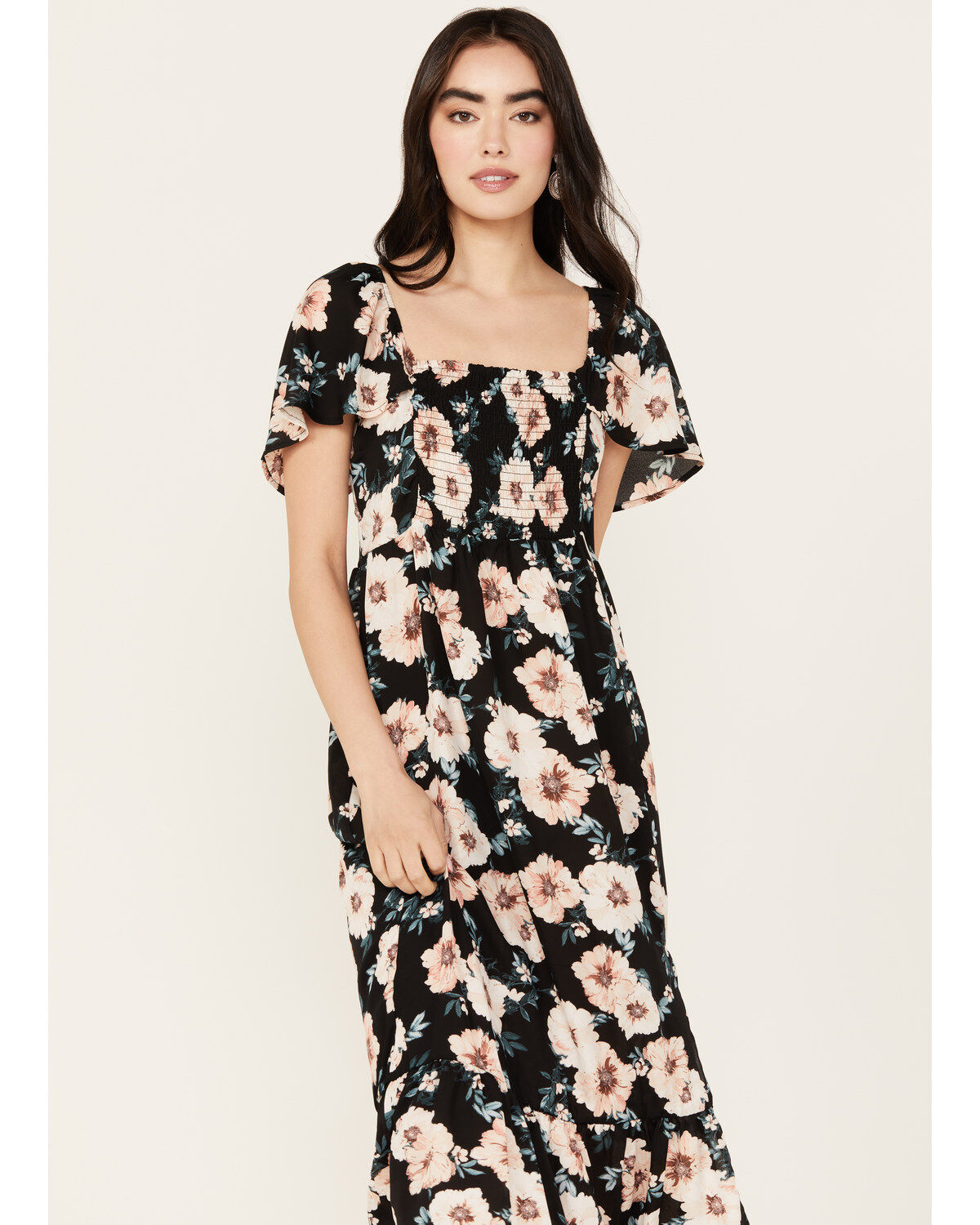 Wild Moss Women's Smocked Front Floral Midi Dress