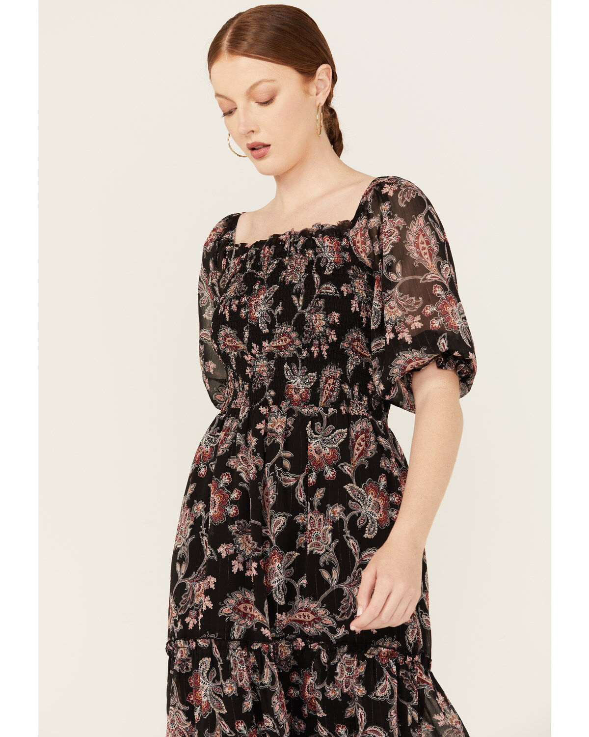 Wild Moss Women's Floral Pais Short Sleeve Smocked Midi Dress