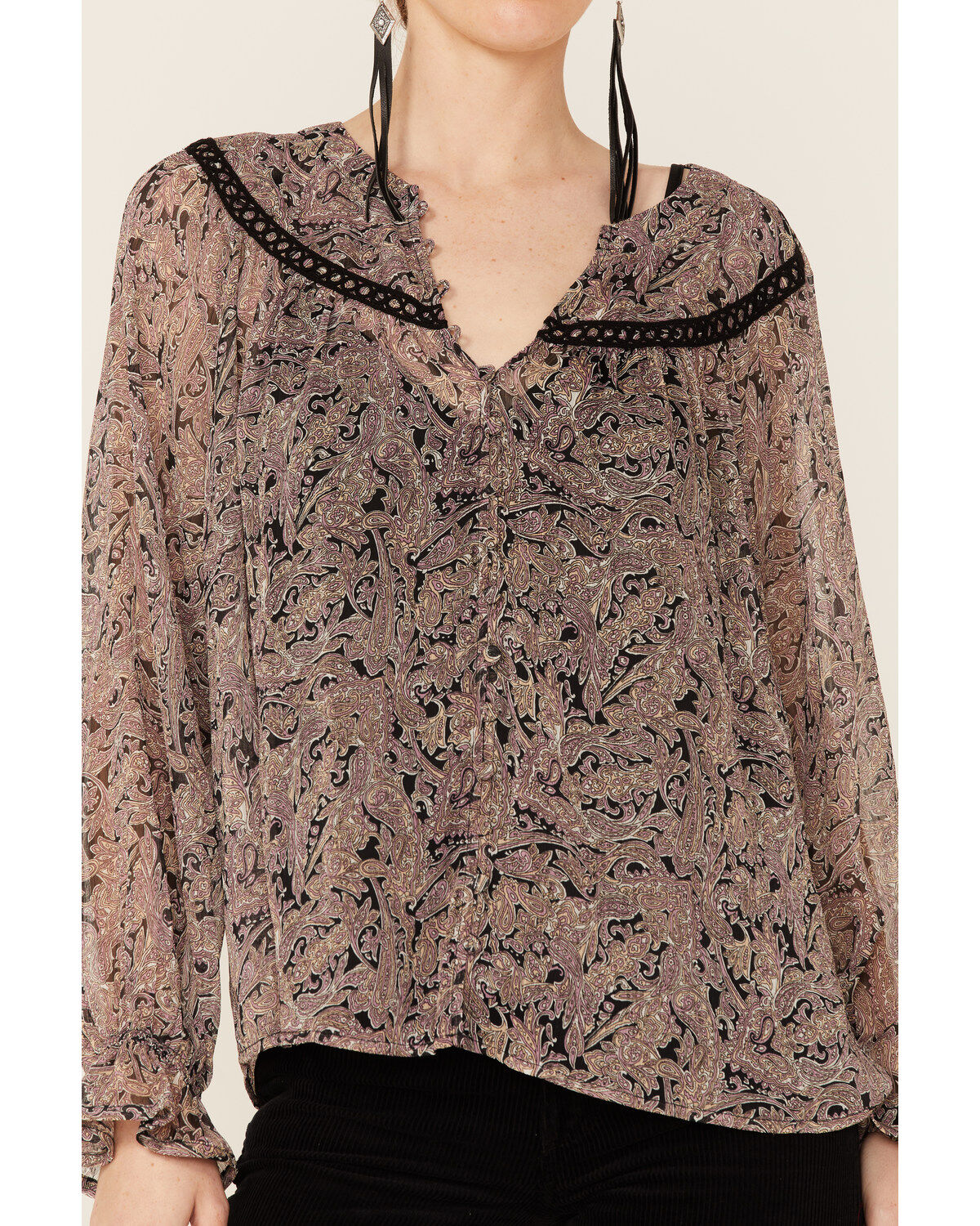 Lovestitch Women's Black Orchid Long Sleeve Lace Trim Peasant Blouse