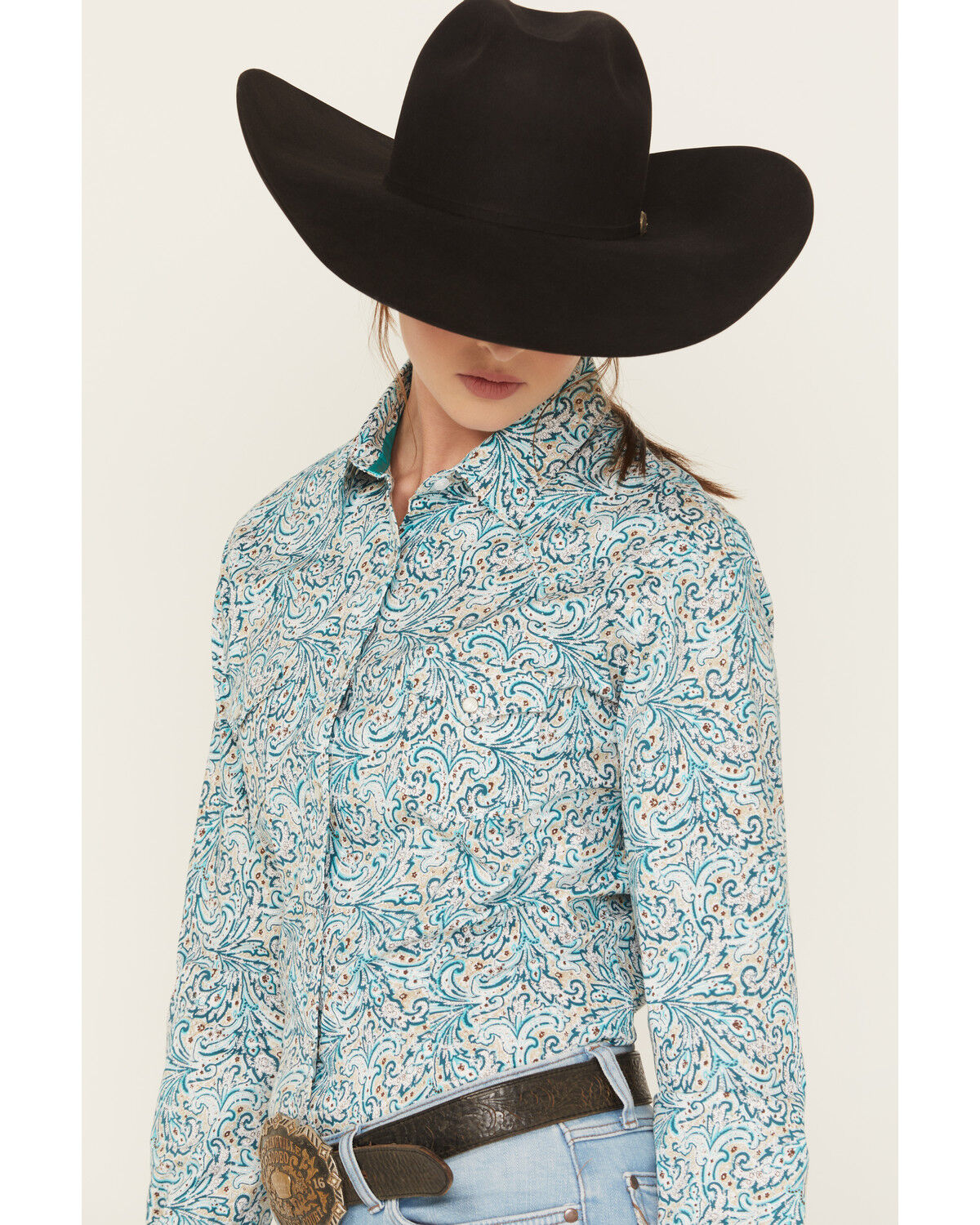 Rough Stock by Panhandle Women's Paisley Print Long Sleeve Pearl Snap Stretch Western Shirt