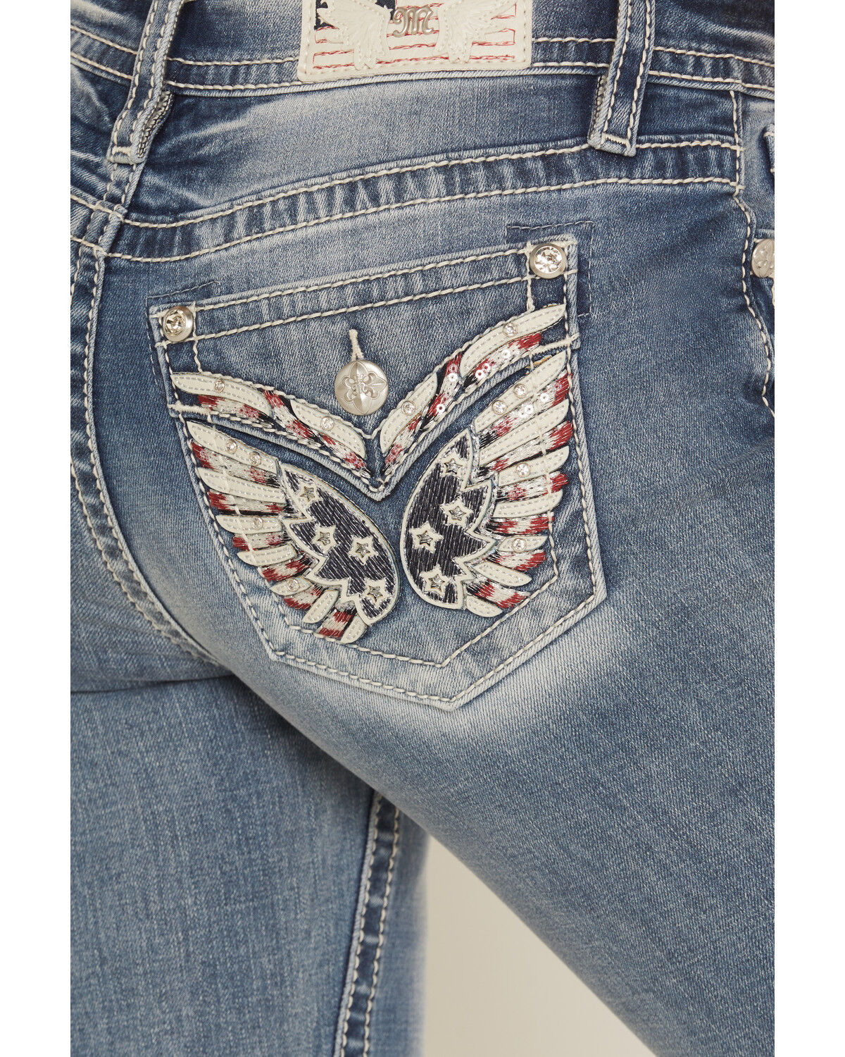 Miss Me Women's Medium Wash Mid Rise Americana Pocket Bootcut Stretch Denim Jeans