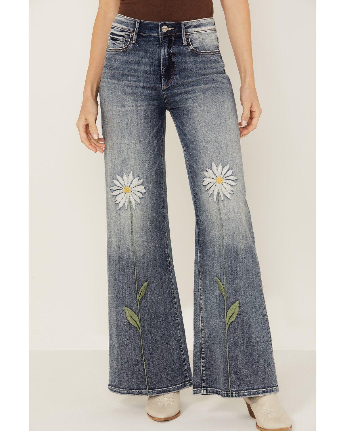 Driftwood Women's Penelope X Daisy Fields Medium Wash High Rise Destructed Flare Stretch Denim Jeans