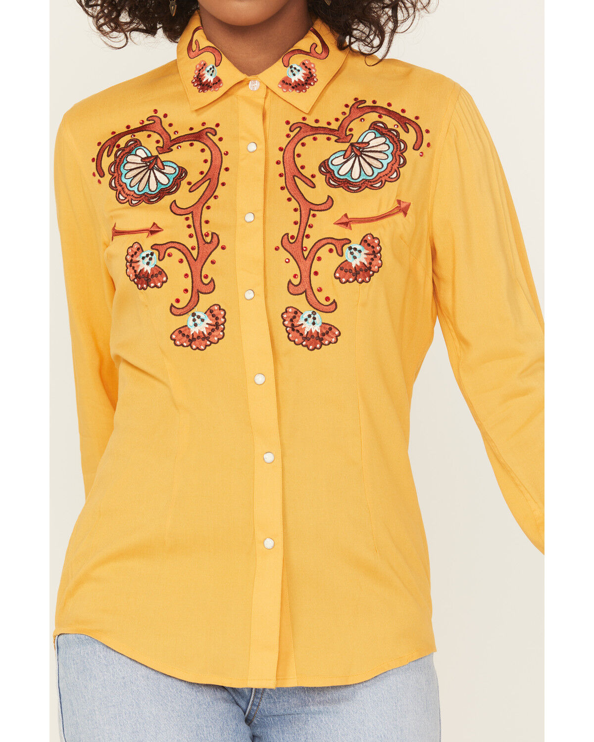 Panhandle Women's Retro Rhinestone Embroidered Long Sleeve Snap Western Shirt