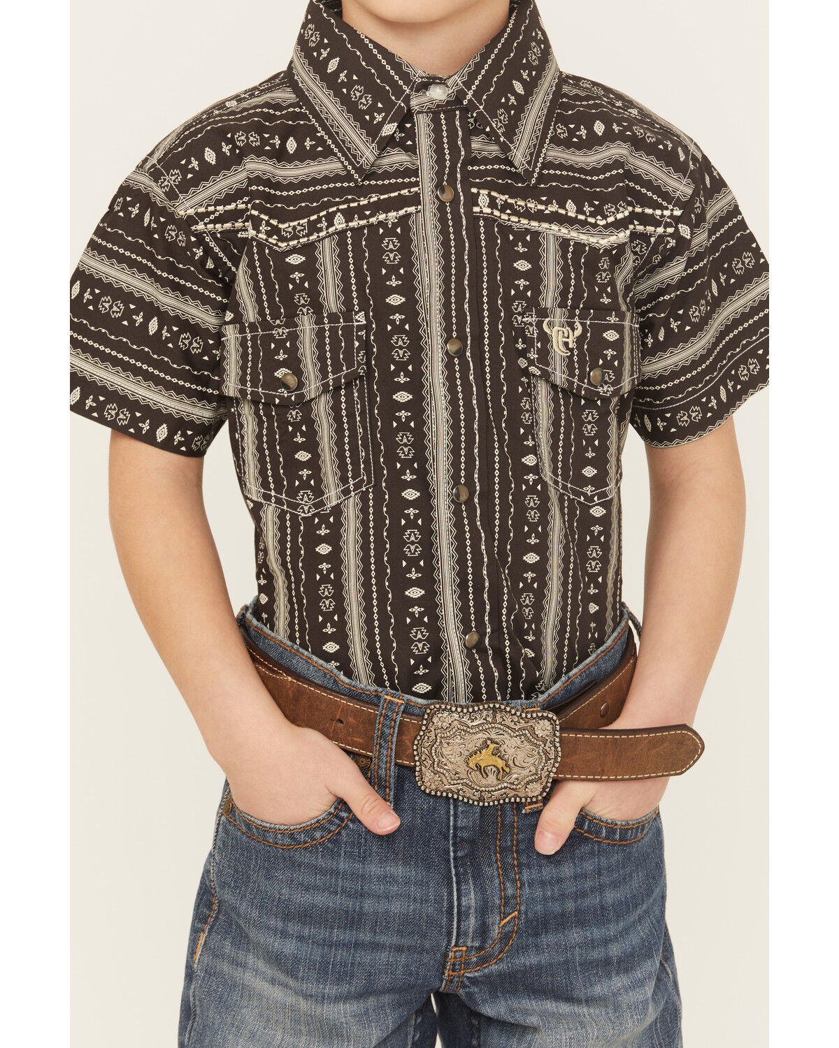 Cowboy Hardware Boys' Stripe Southwestern Print Short Sleeve Snap Stretch Western Shirt