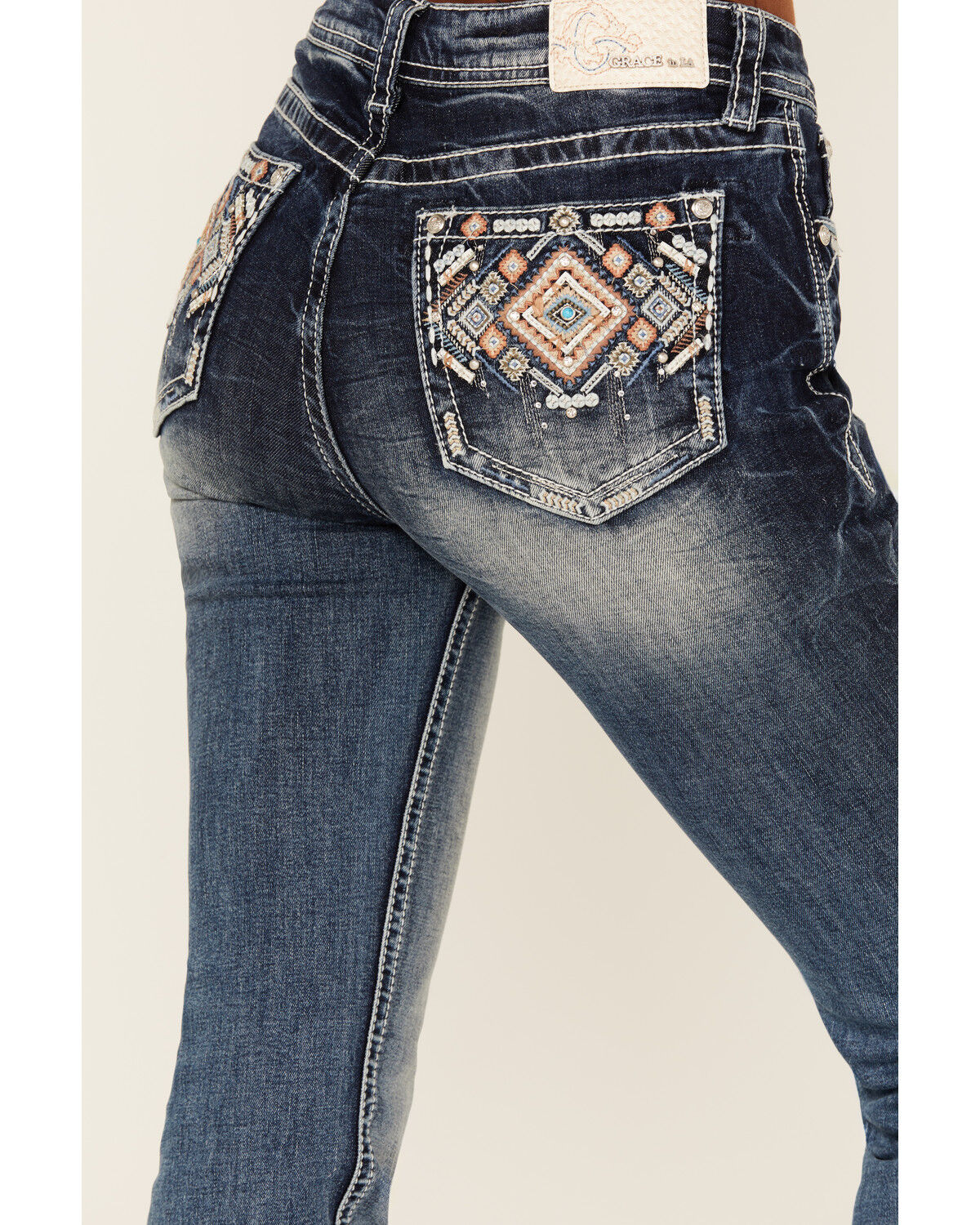 Grace In LA Women's Medium Wash Geo Print Embroidered Mid Rise Bootcut Stretch Denim Jeans