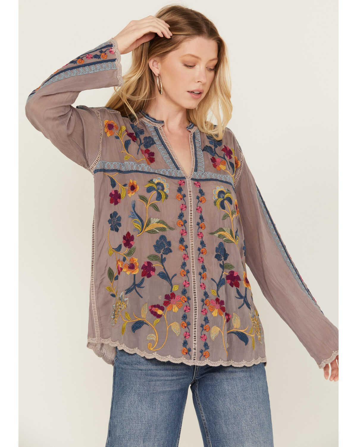 Johnny Was Women's Floral Embroidered Long Sleeve Shirt