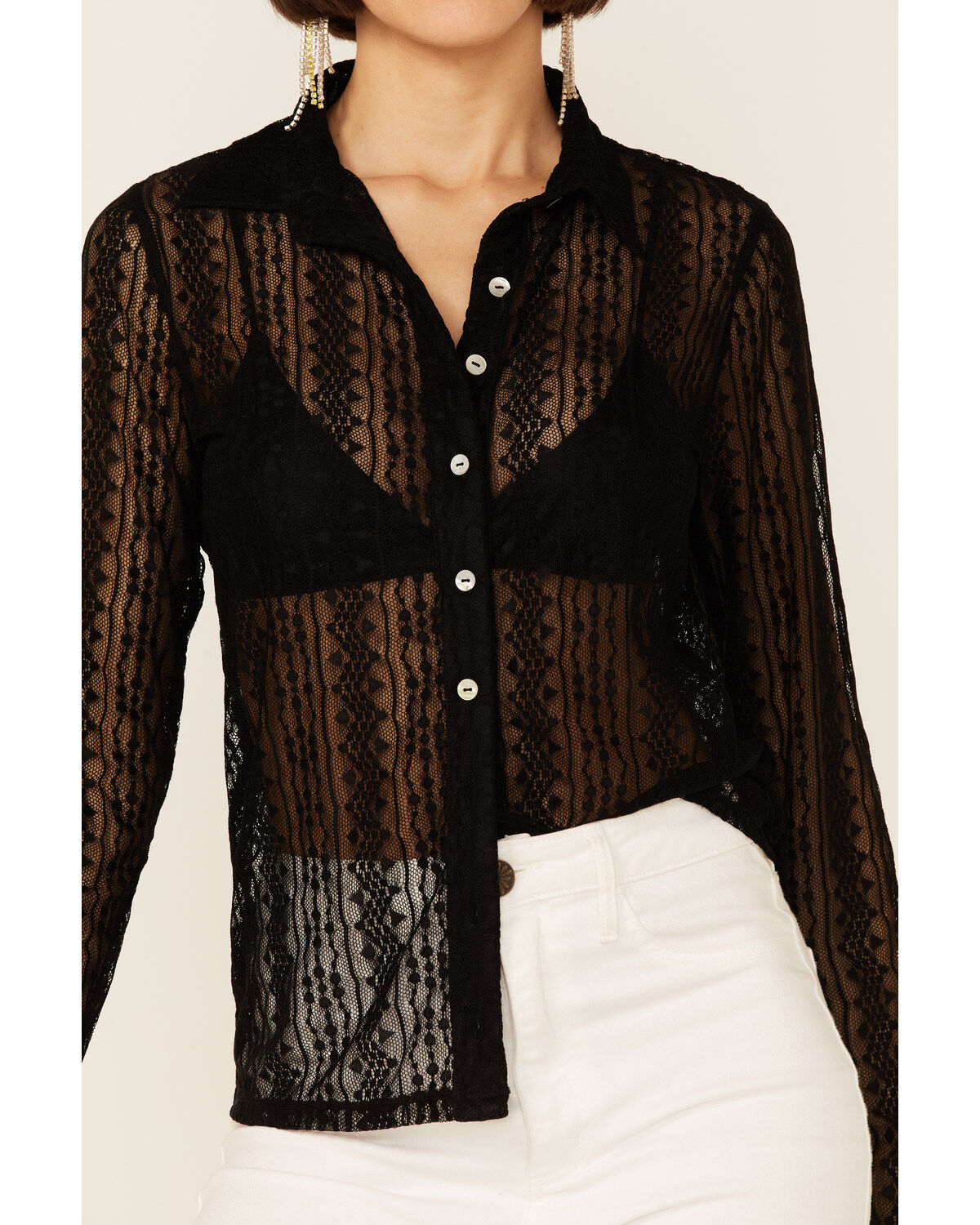 Wild Moss Women's Lace Button Front Sheer Long Sleeve Shirt