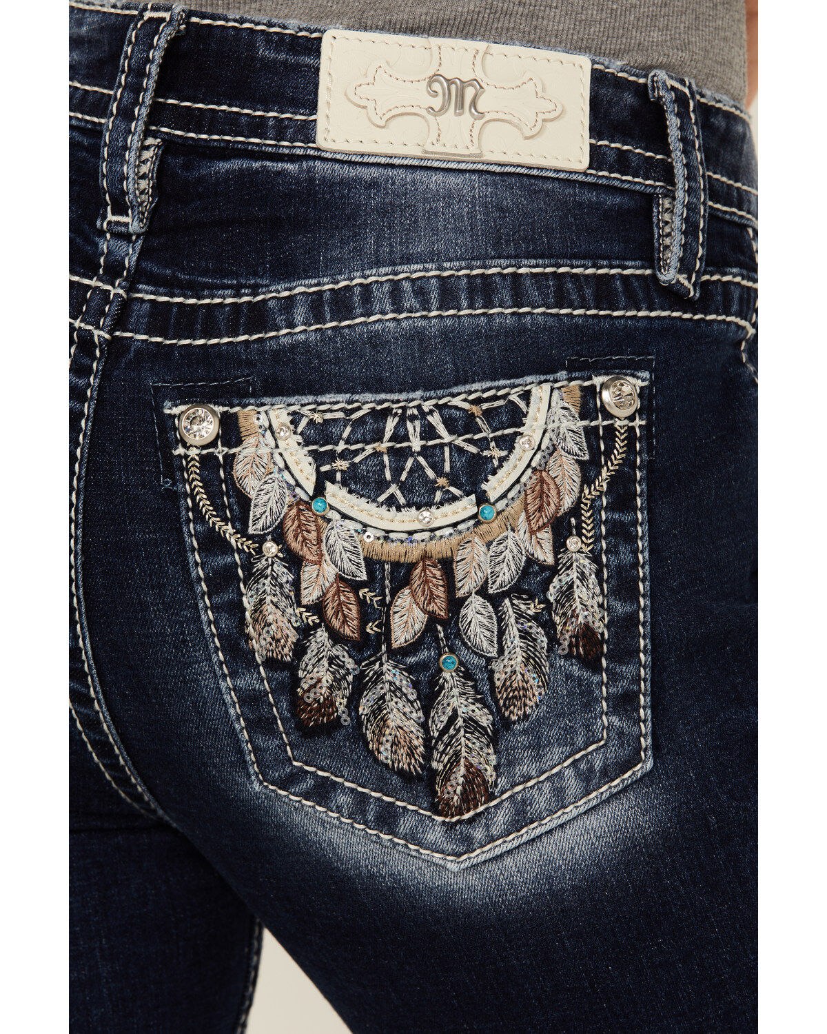 Miss Me Women's Dark Wash Mid Rise Dream Catcher Bootcut Stretch Denim Jeans