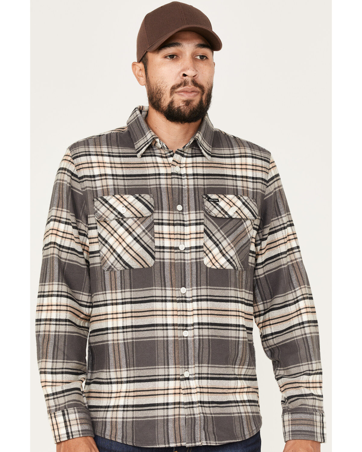 Brixton Men's Bowery Stretch Plaid Print Long Sleeve Utility Flannel Shirt