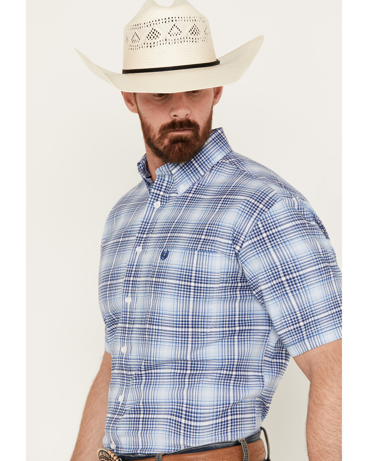 Rough Stock by Panhandle Men's Ombre Plaid Print Short Sleeve Button-Down Western Shirt