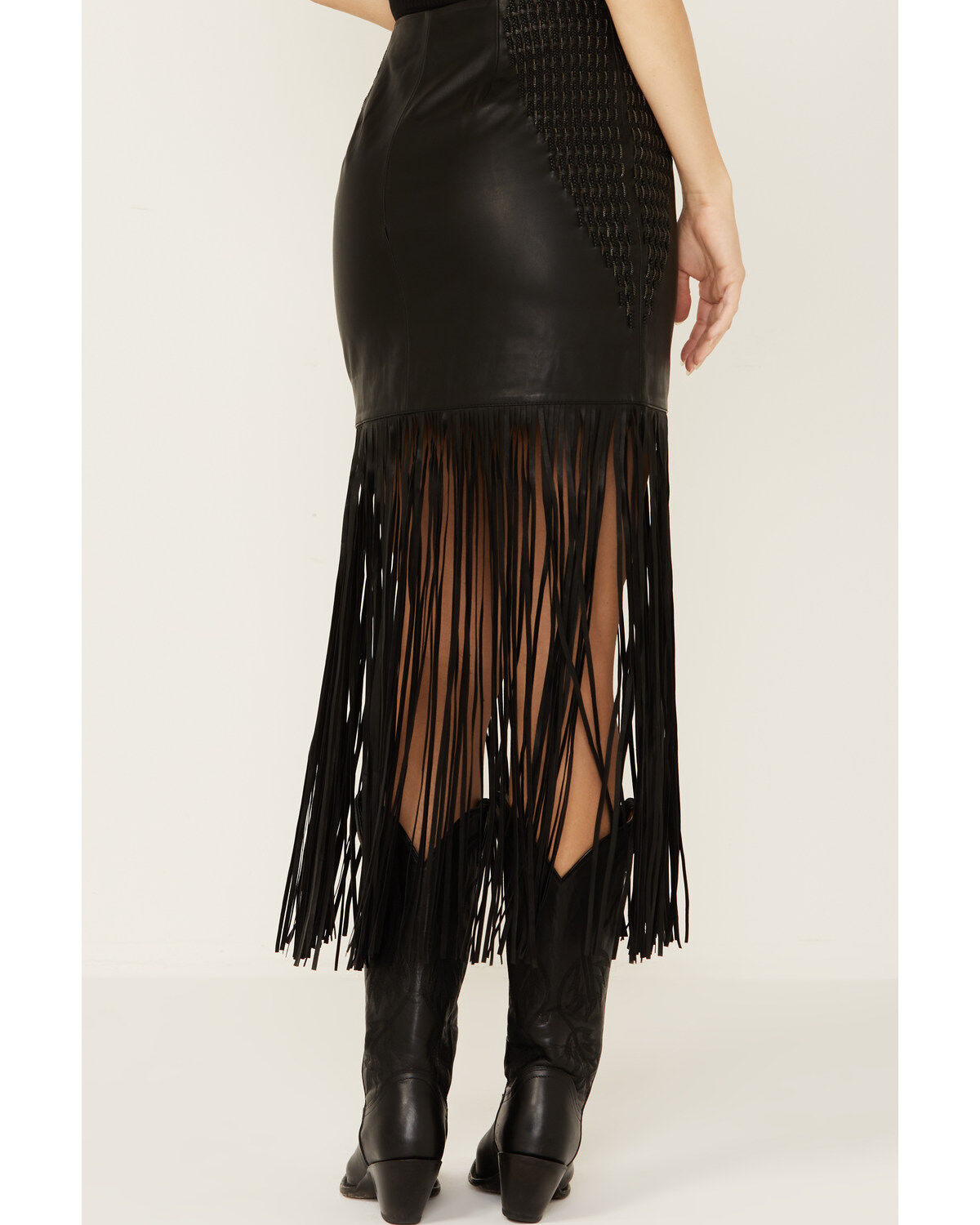 Wonderwest Women's Chain and Braid Fringe Leather Skirt