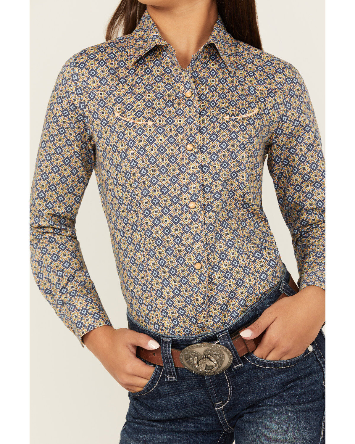 Cruel Girl Girls' Geo Print Long Sleeve Snap Western Shirt