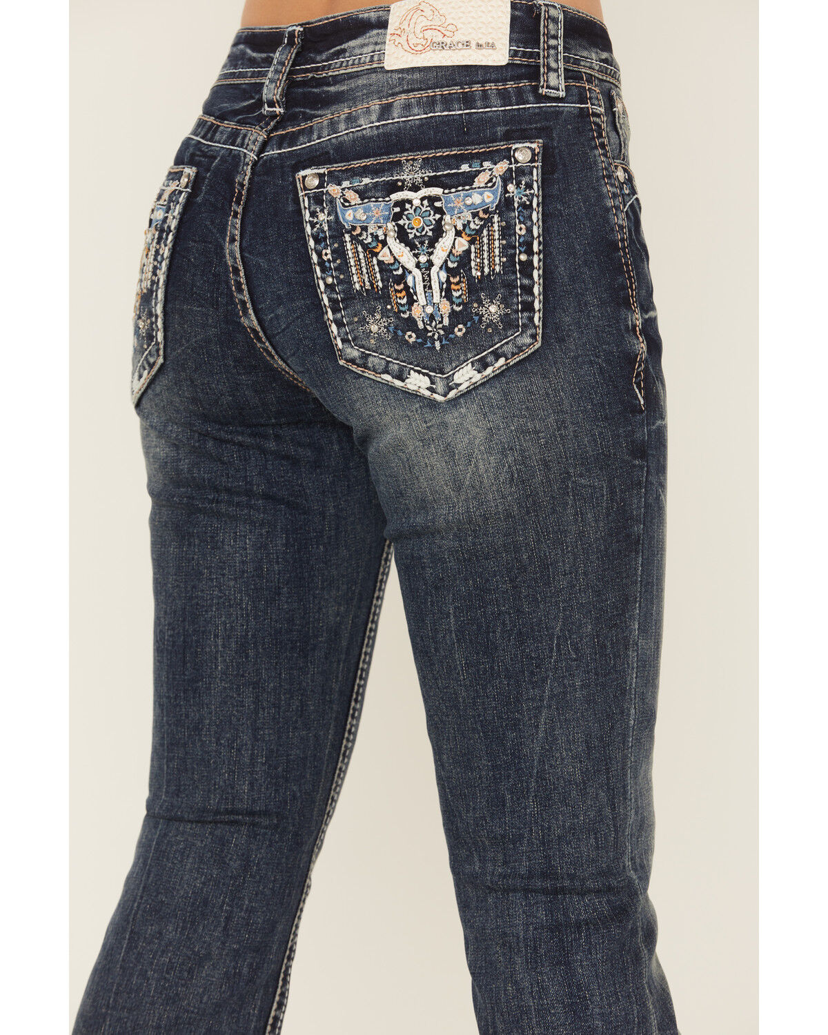 Grace in LA Women's Medium Wash Steerhead Embroidered Bootcut Stretch Denim Jeans