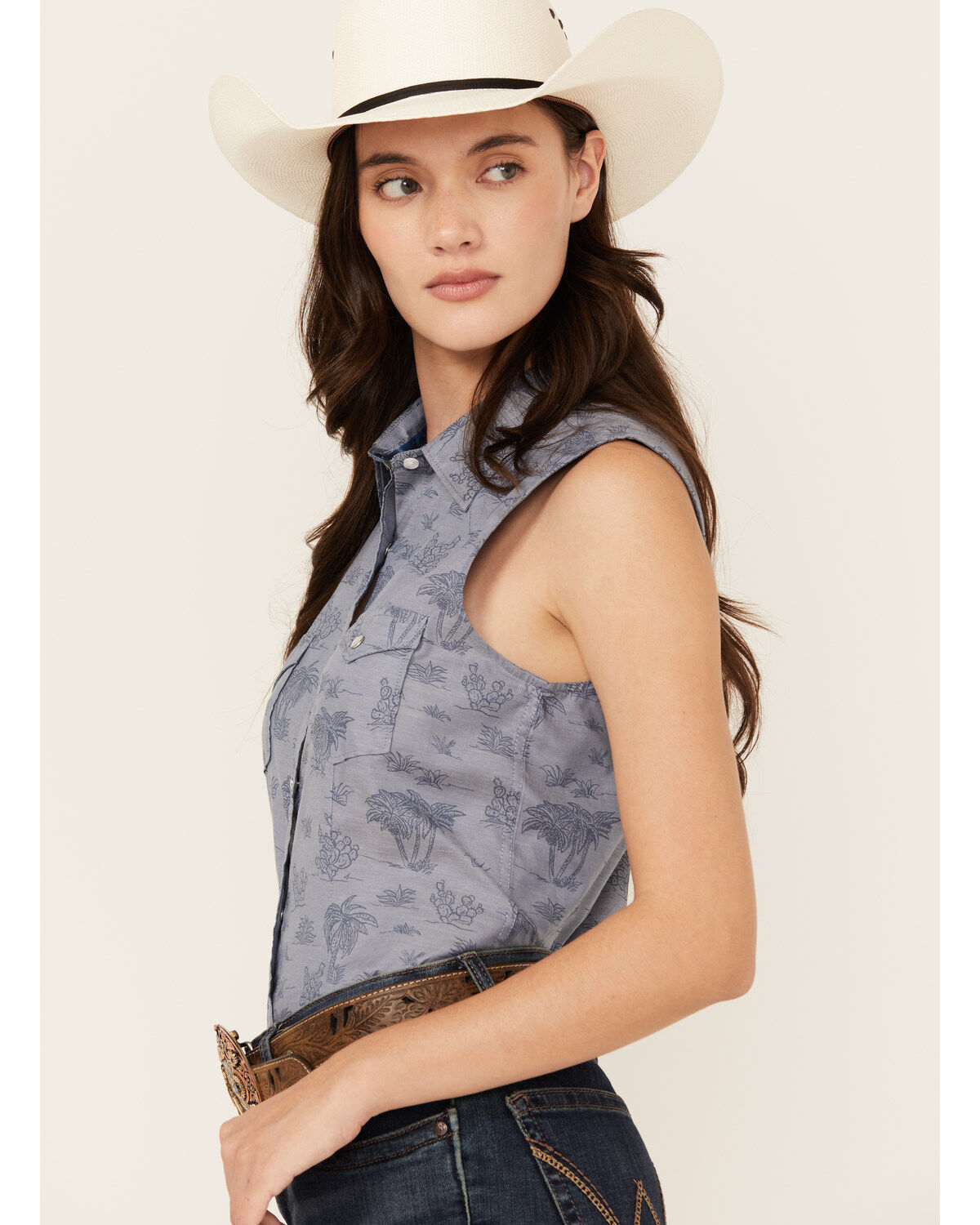 Rough Stock by Panhandle Women's Palm Tree Sleeveless Pearl Snap Western Shirt