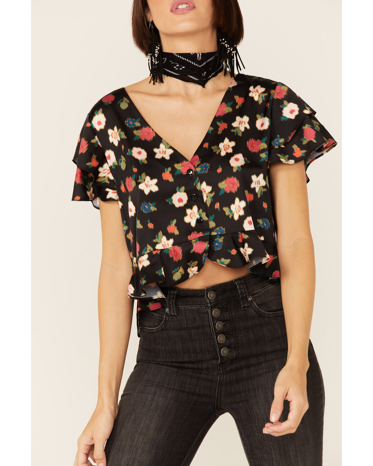 Beyond The Radar Women's Floral Satin Button Front Blouse