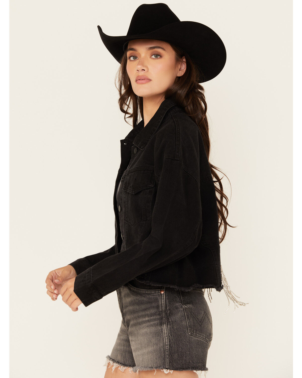 Blue B Women's Back Chain Fringe Cropped Denim Jacket