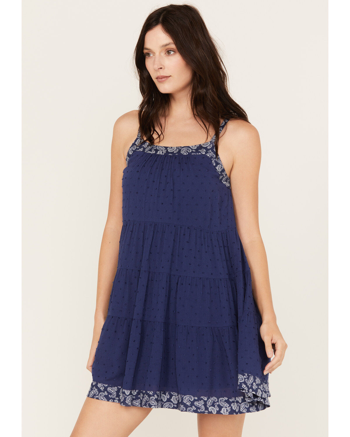 Yura Women's Paisley Border Sleeveless Tiered Mini Dress