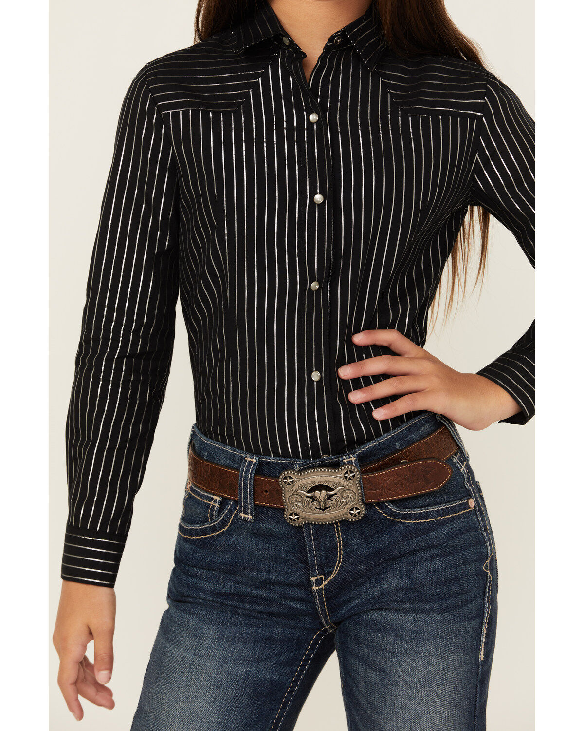 Cruel Girl Girls' Metallic Striped Long Sleeve Pearl Snap Western Shirt