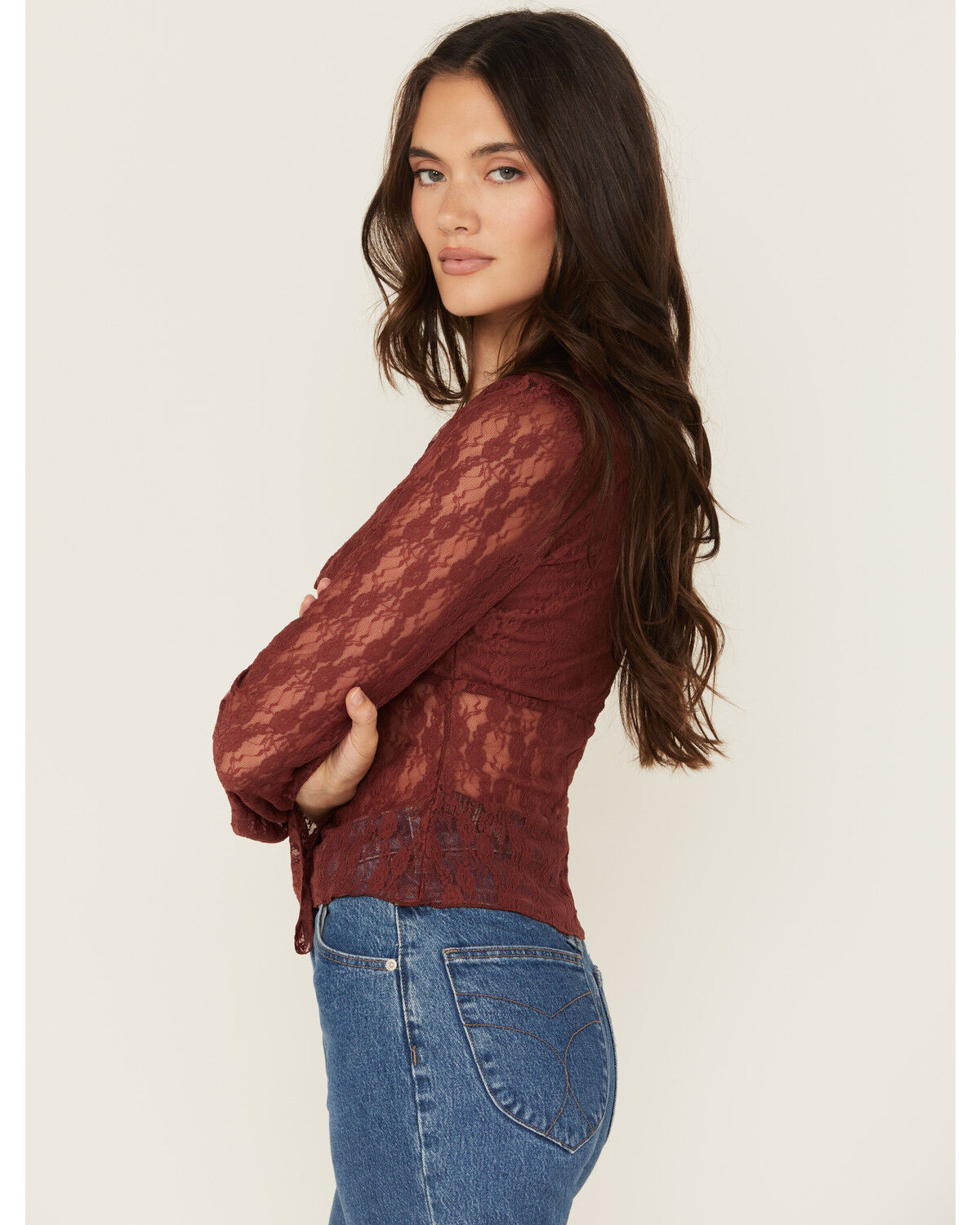 Trixxi Women's Solid Lace Long Bell Sleeve Shirt