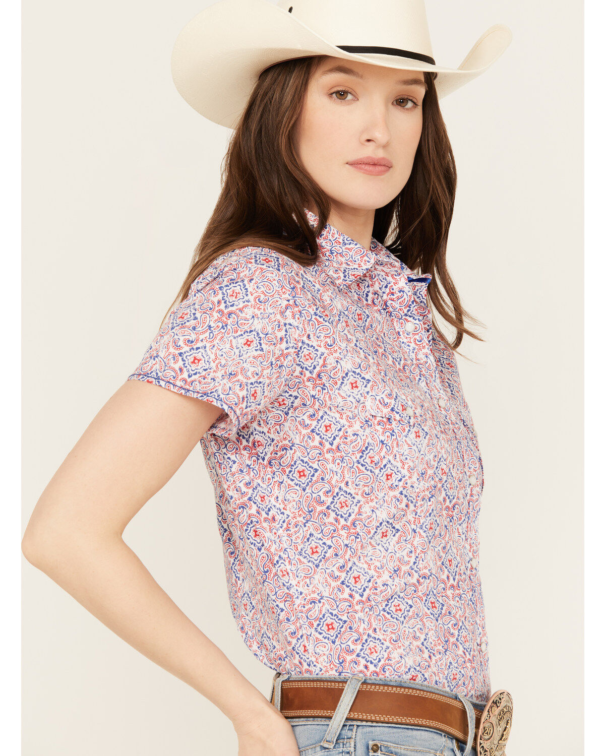 Rough Stock by Panhandle Women's Paisley Print Stretch Short Sleeve Western Pearl Snap Shirt