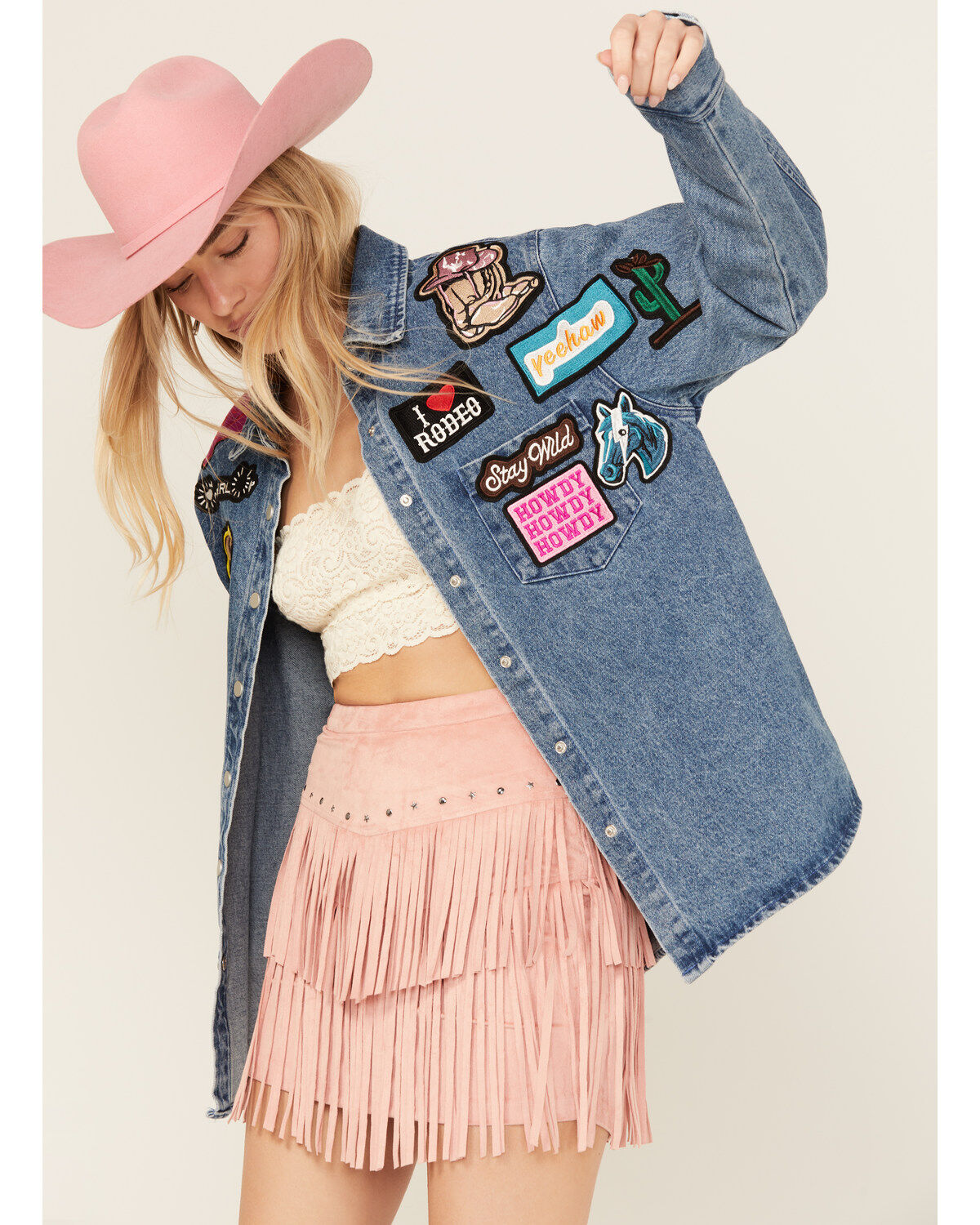 Blue B Women's Medium Wash Western Patchwork Snap Shacket