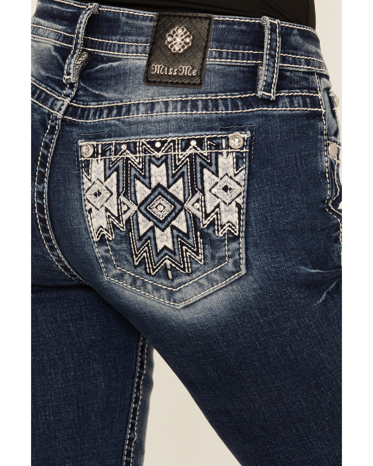 Miss Me Women's Dark Wash Mid Rise Geo Pocket Bootcut Stretch Denim Jeans