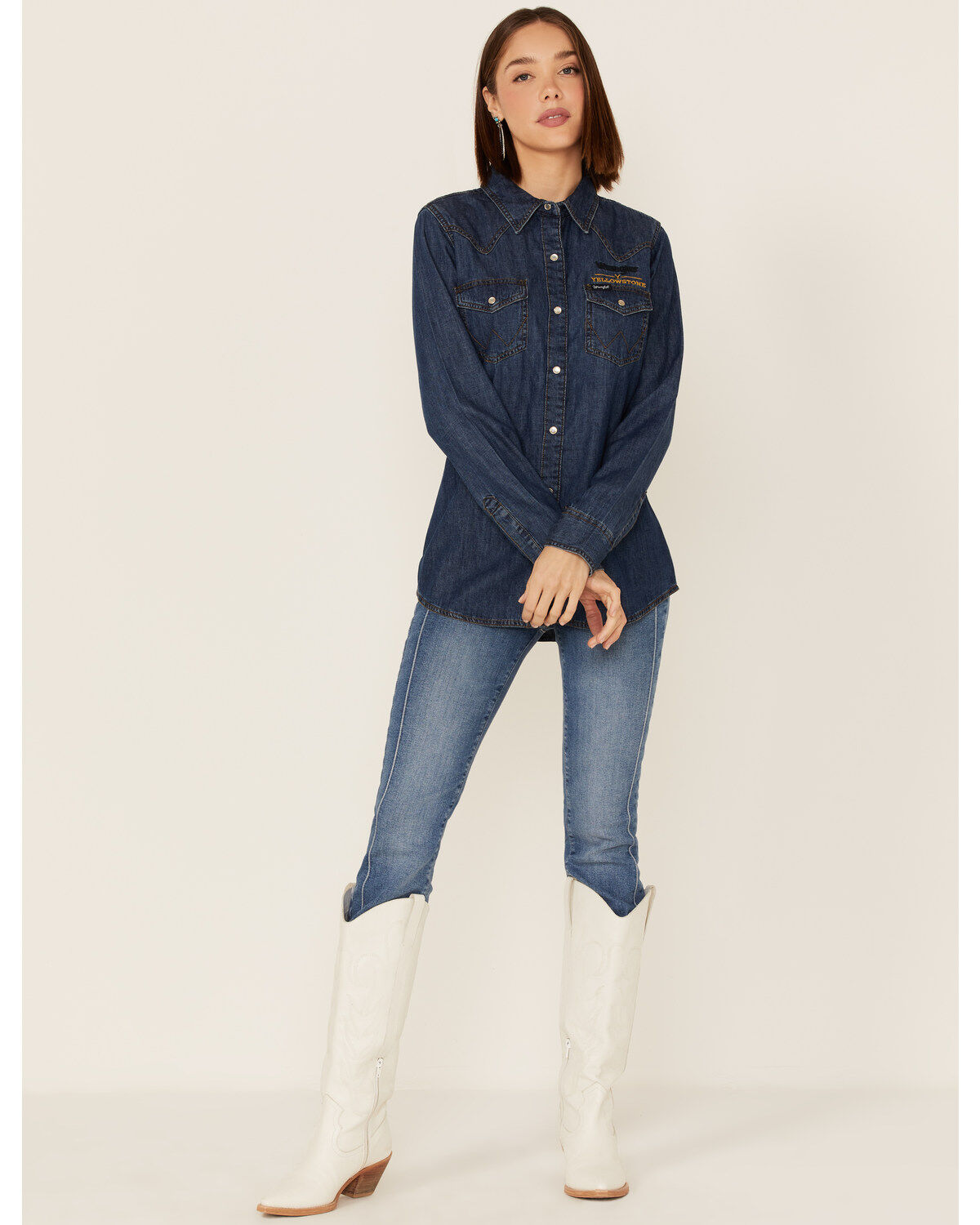 Wrangler X Yellowstone Women's Metallic Screen Print Pearl Snap Denim Shirt