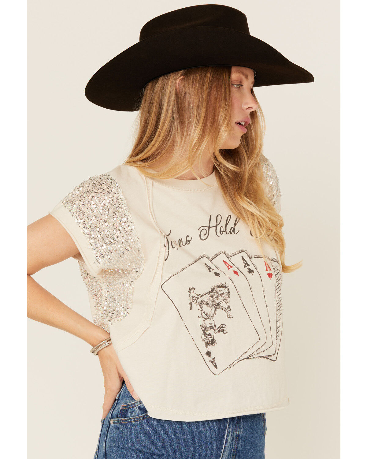 Originality Women's Texas Hold Em' Sequin Short Sleeve Graphic Tee