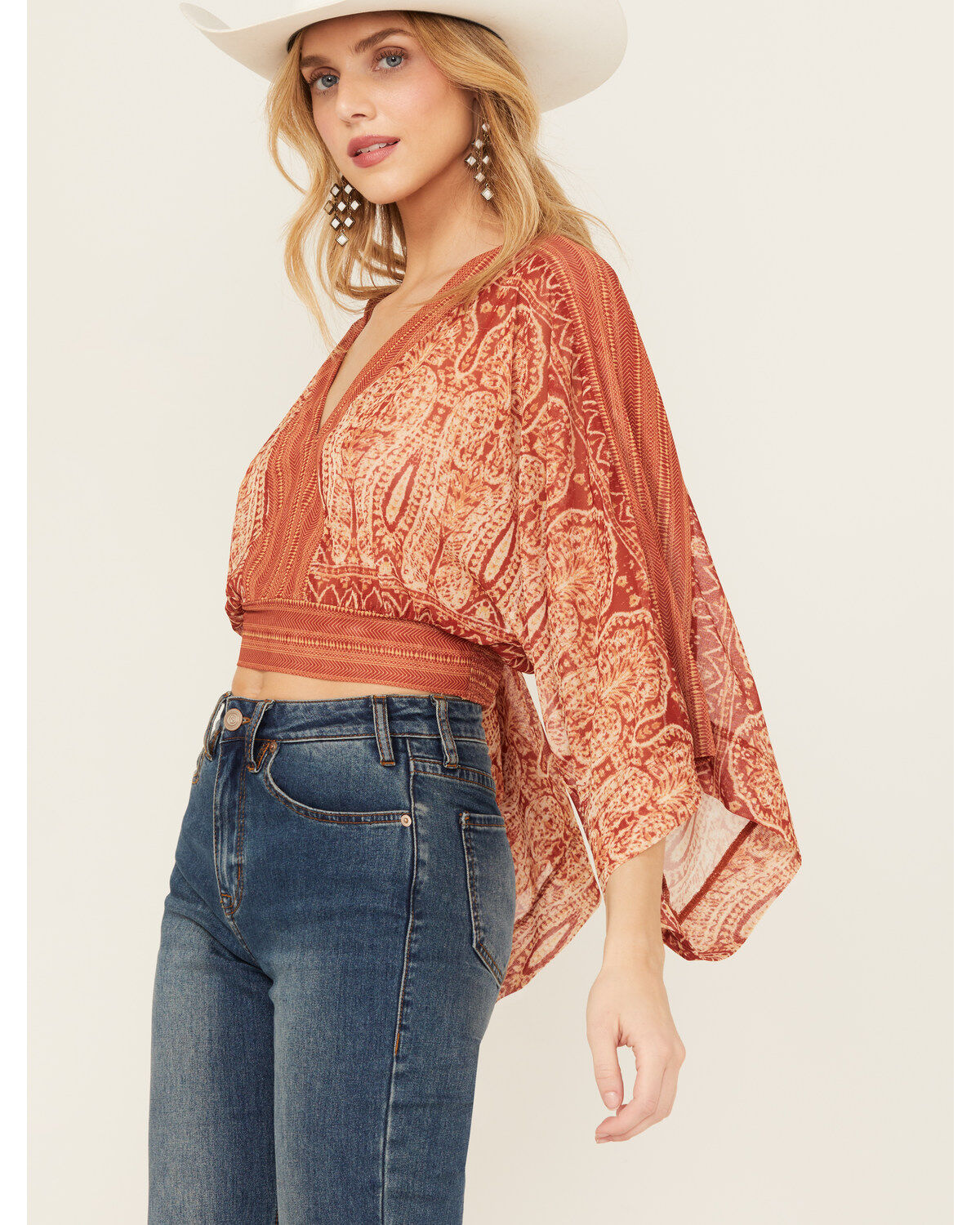 Beyond The Radar Women's Mesh Printed Long Sleeve Crop Top