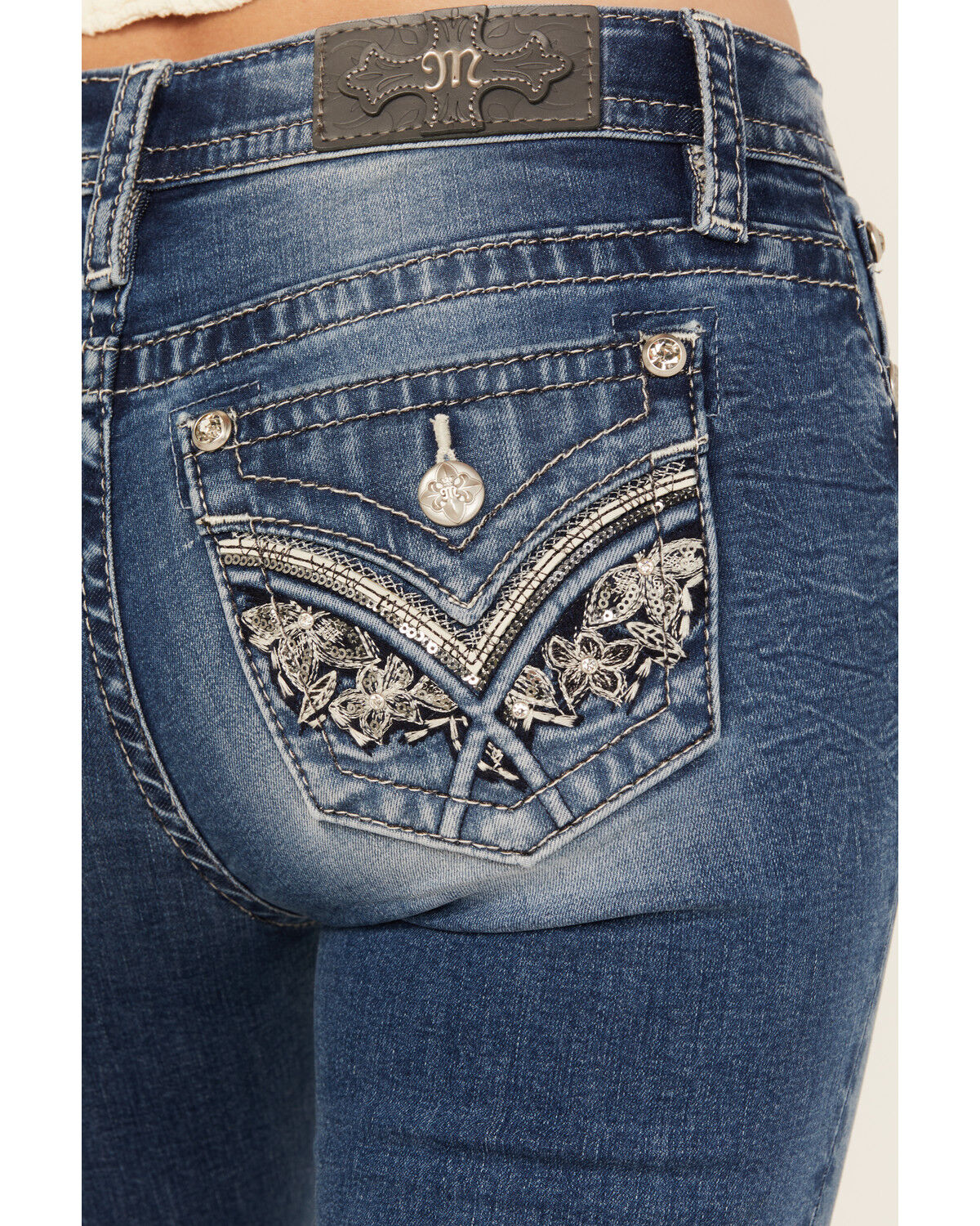 Miss Me Women's Medium Wash Mid Rise Floral Pocket Bootcut Stretch Denim Jeans