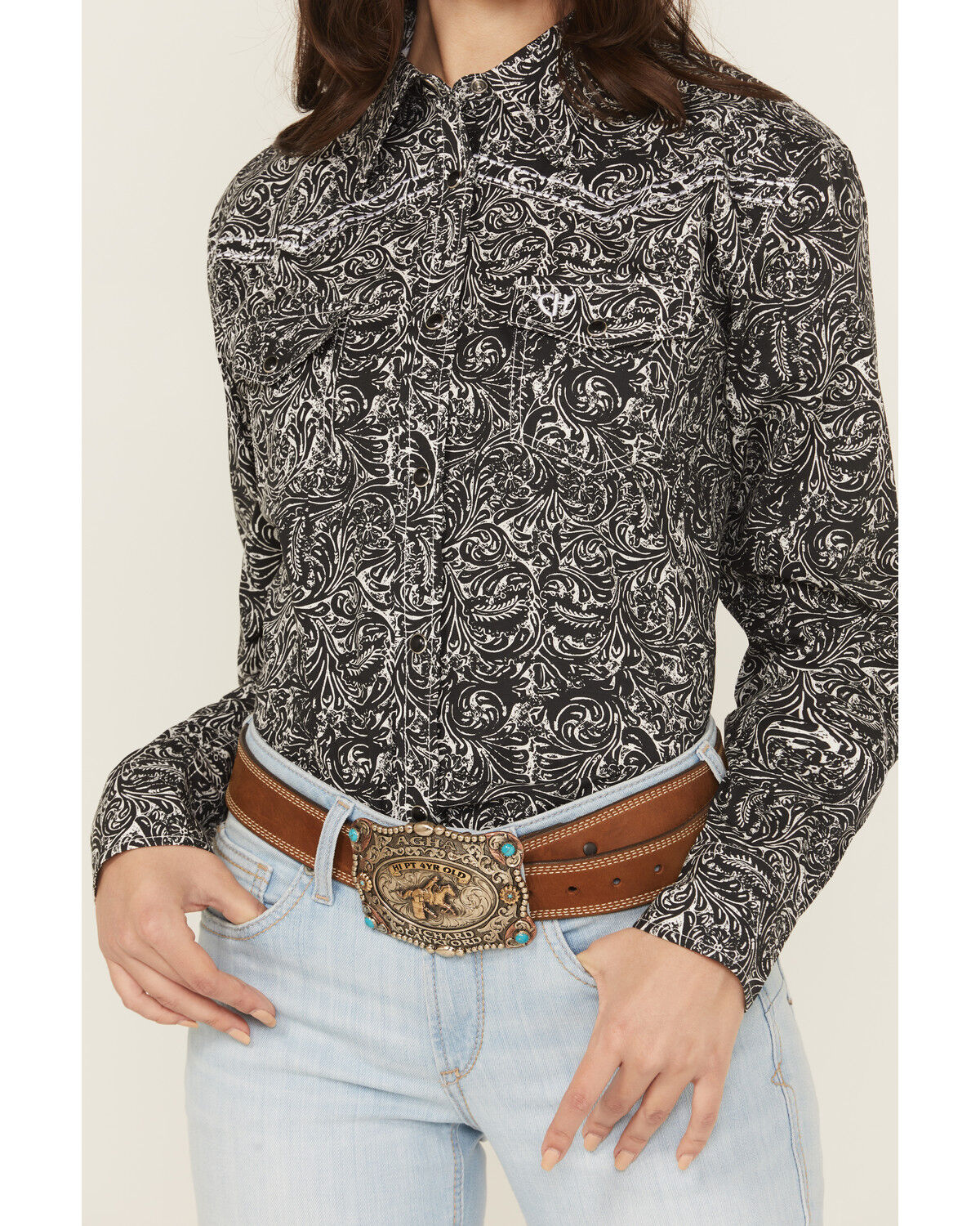 Cowgirl Hardware Women's Scroll Print Long Sleeve Snap Stretch Western Shirt