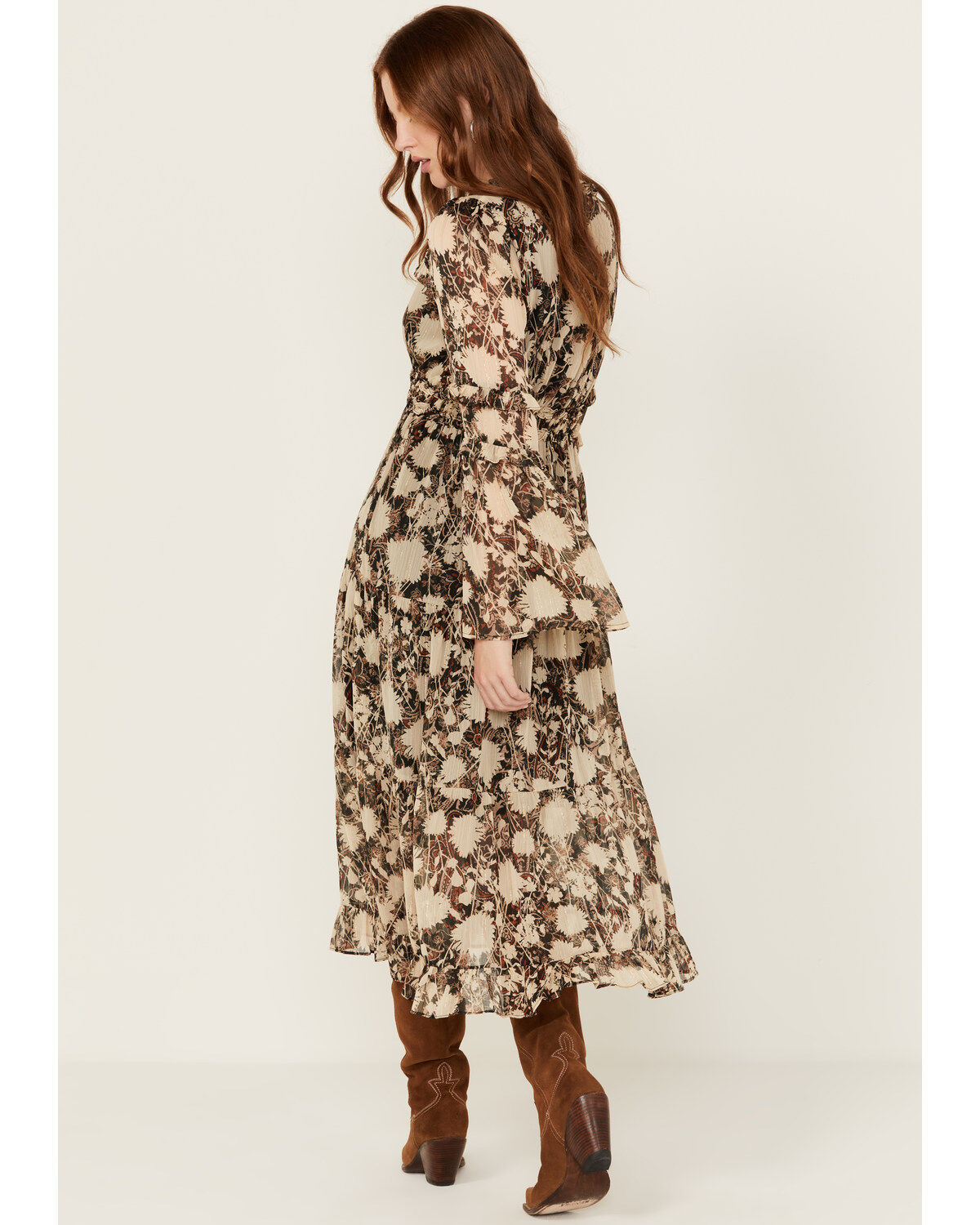 Miss Me Women's Floral Print Long Sleeve Midi Dress