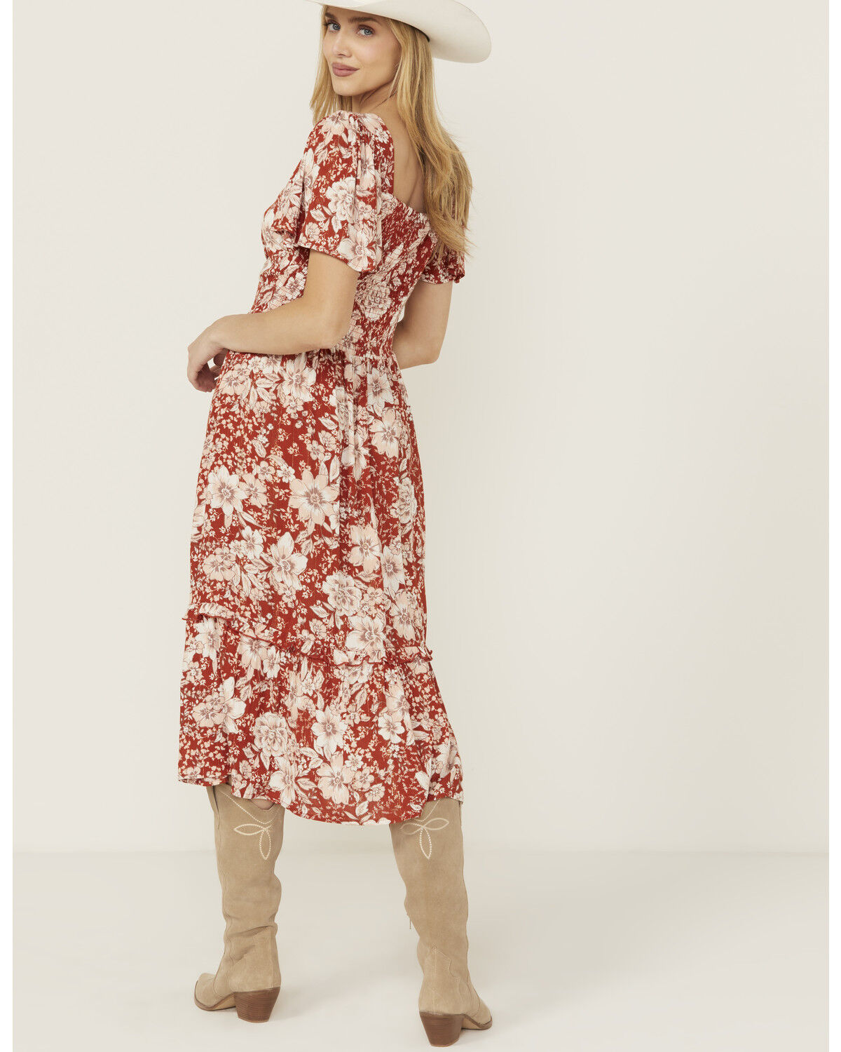 Wild Moss Women's Floral Print Short Sleeve Midi Dress