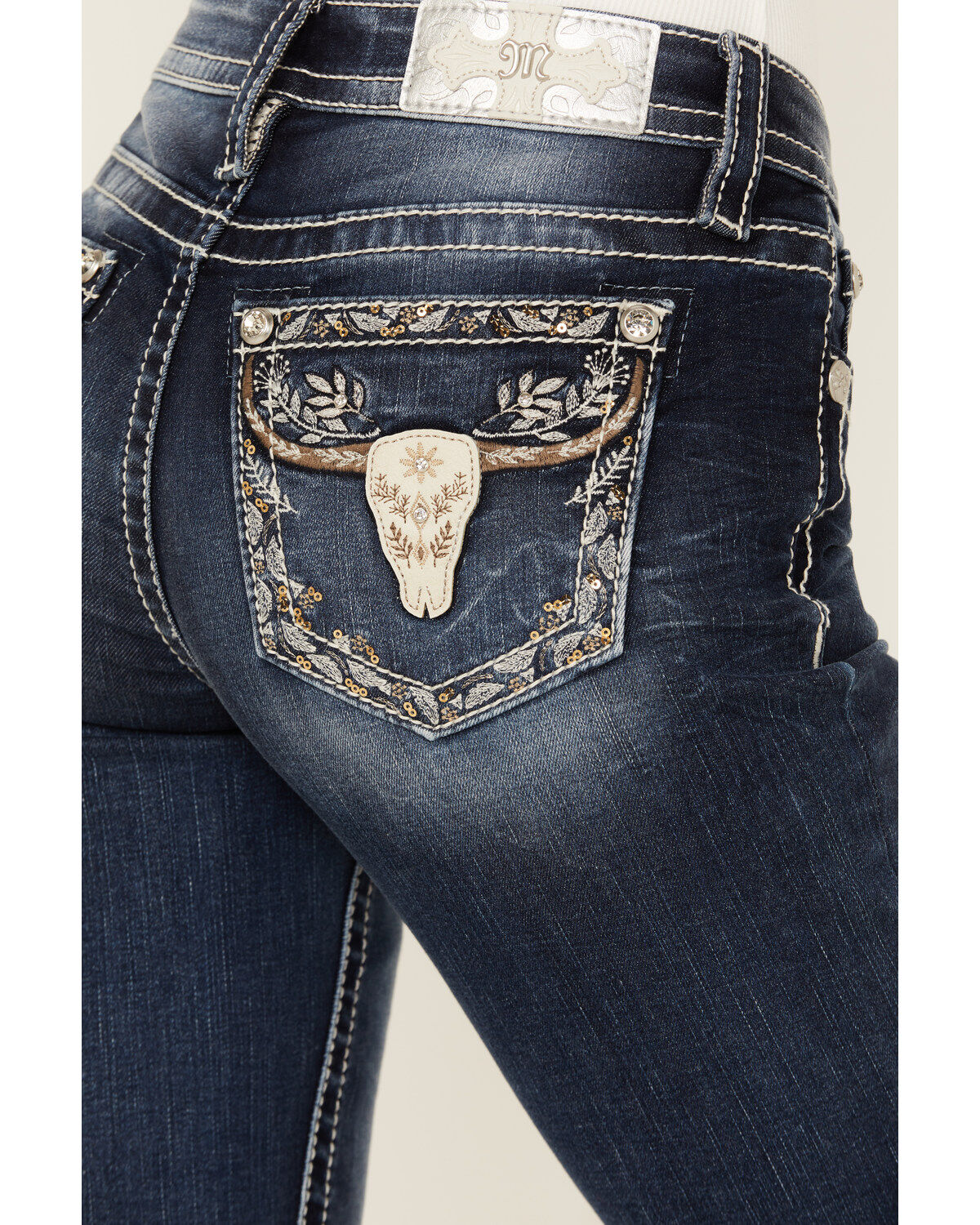 Miss Me Women's Dark Wash Mid Rise Floral Longhorn Pocket Bootcut Stretch Denim Jeans