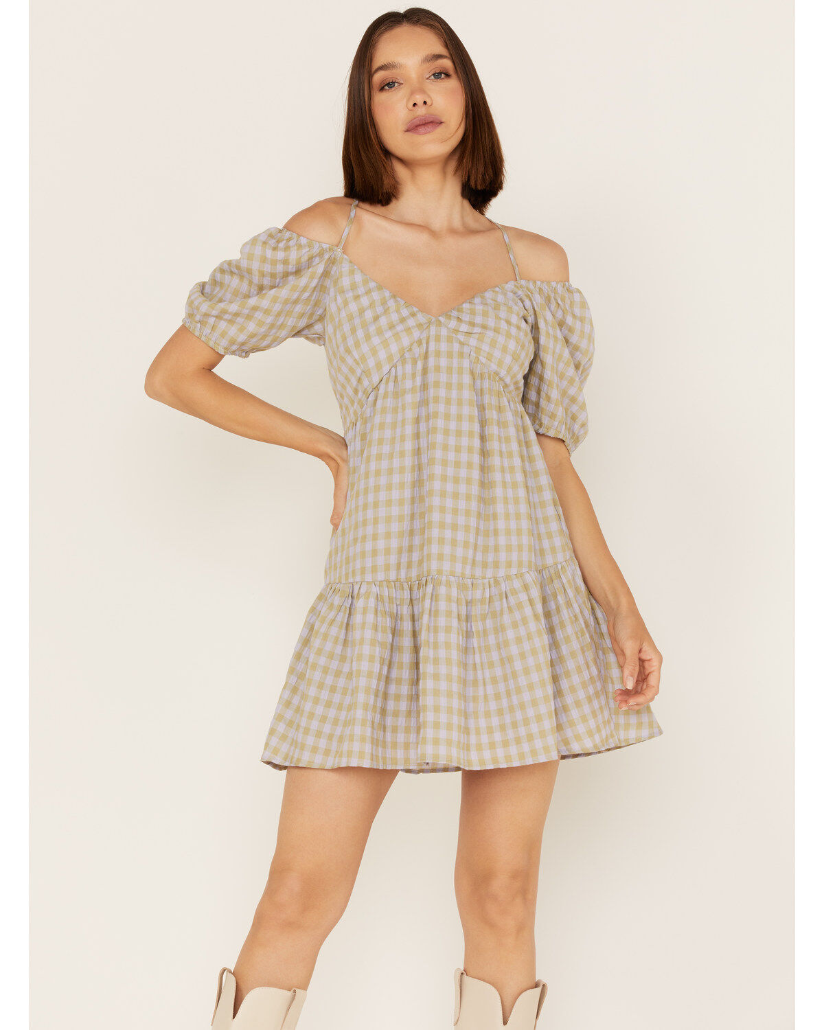Heartloom Women's Kendra Peri Plaid Off Shoulder Mini Dress
