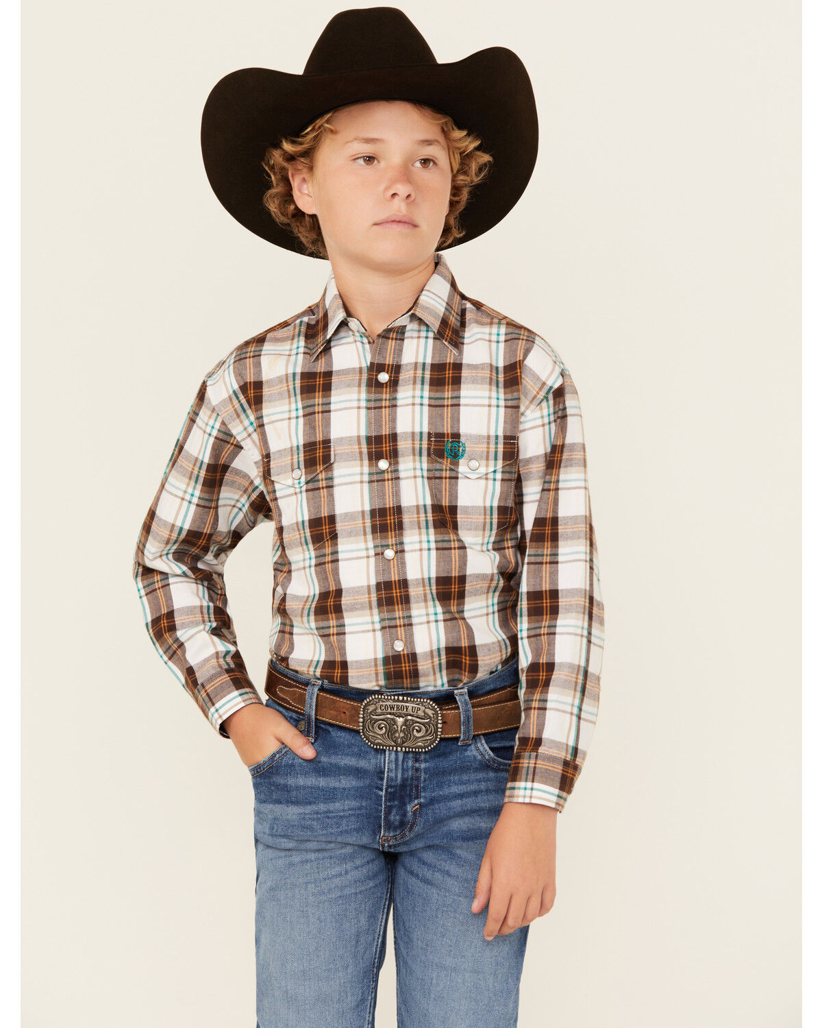 Panhandle Boys' Plaid Print Long Sleeve Pearl Snap Western Shirt