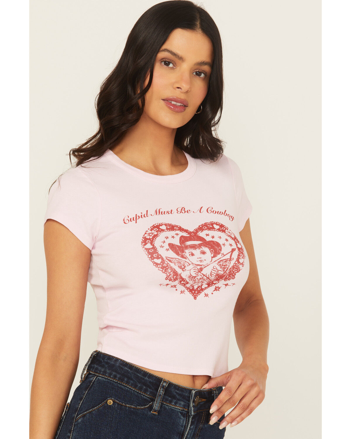 Originality Women's Cupid Cowboy Short Sleeve Baby Graphic Tee