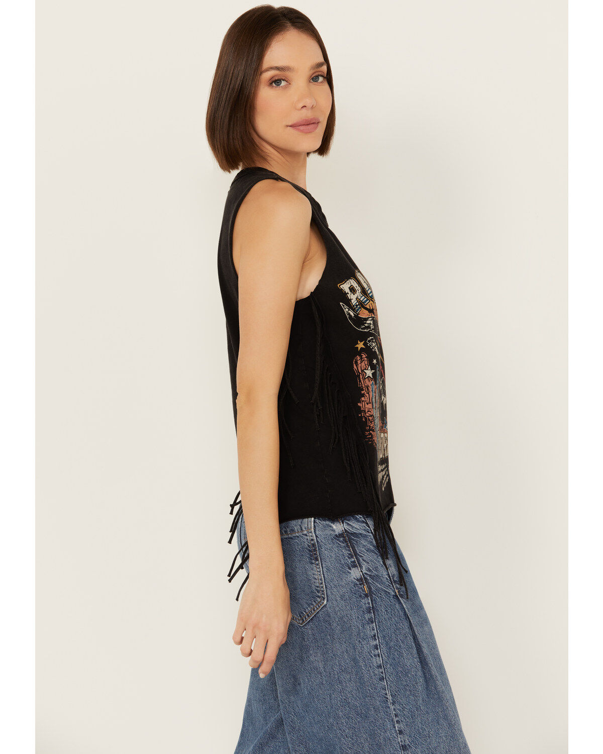 Rock & Roll Denim Women's Sleeveless Steer Head Fringe Tank