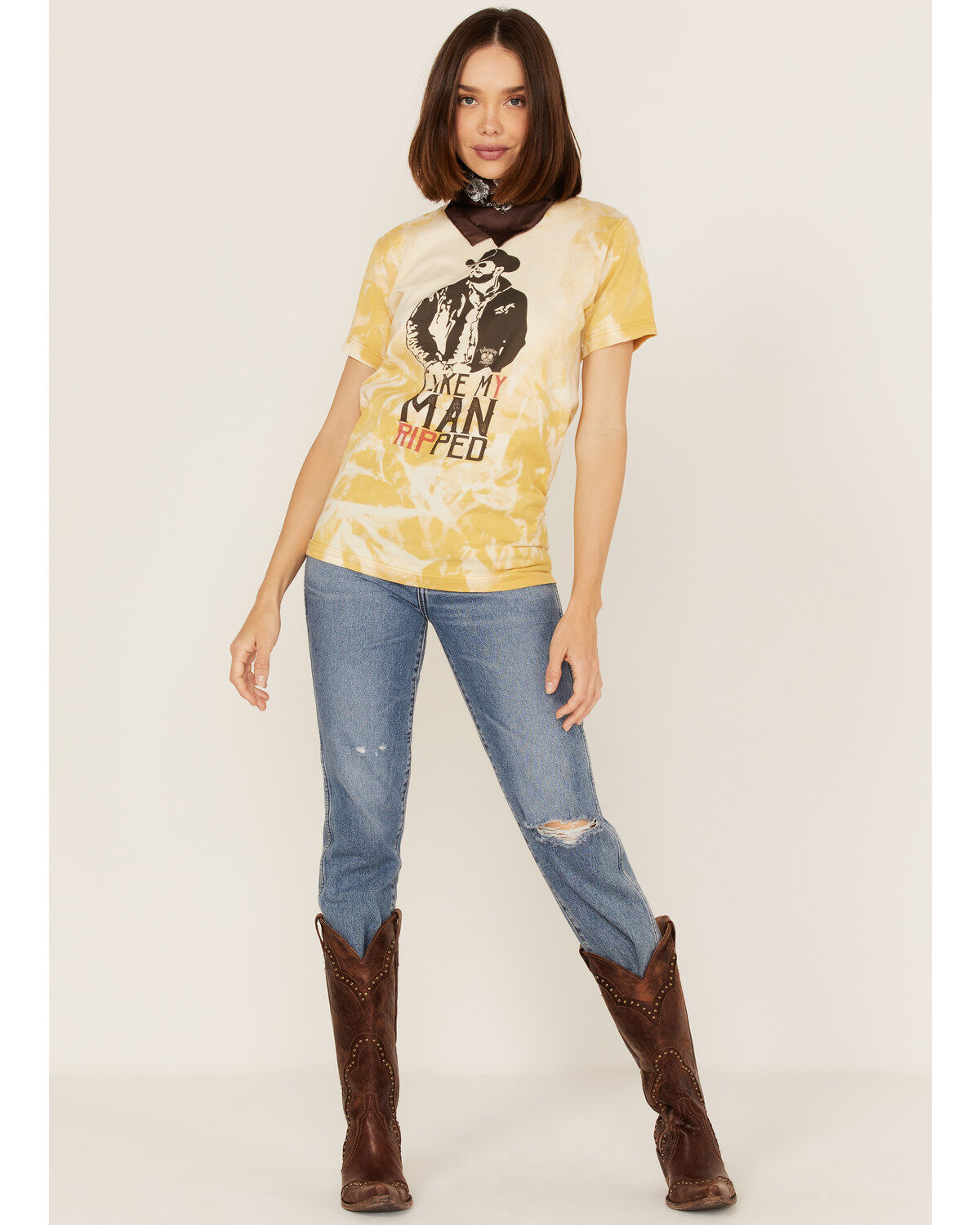 Bohemian Cowgirl Women's Like My Man Ripped Graphic Bleach Spray Tee