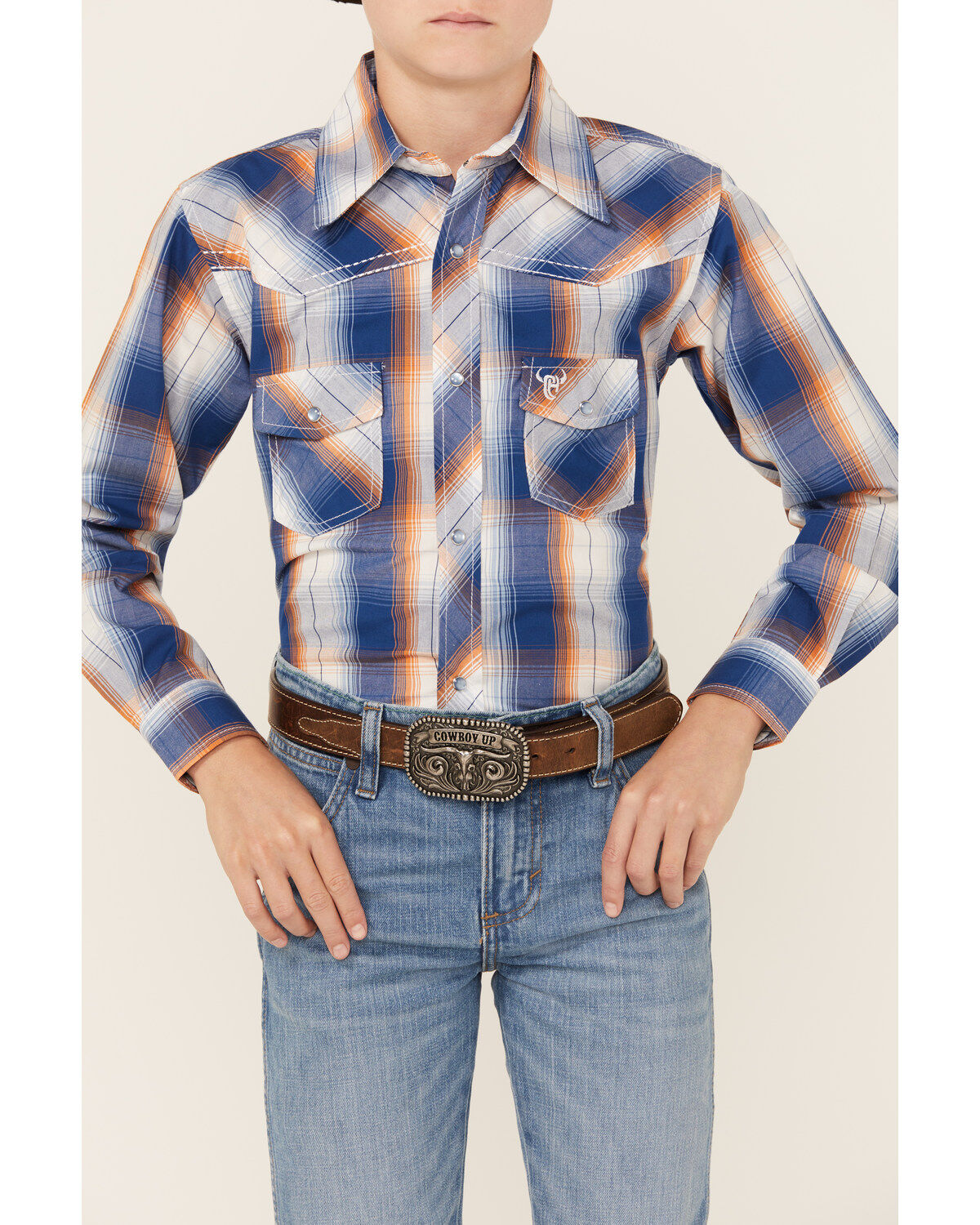Cowboy Hardware Boys' Plaid Print Long Sleeve Pearl Snap Western Shirt