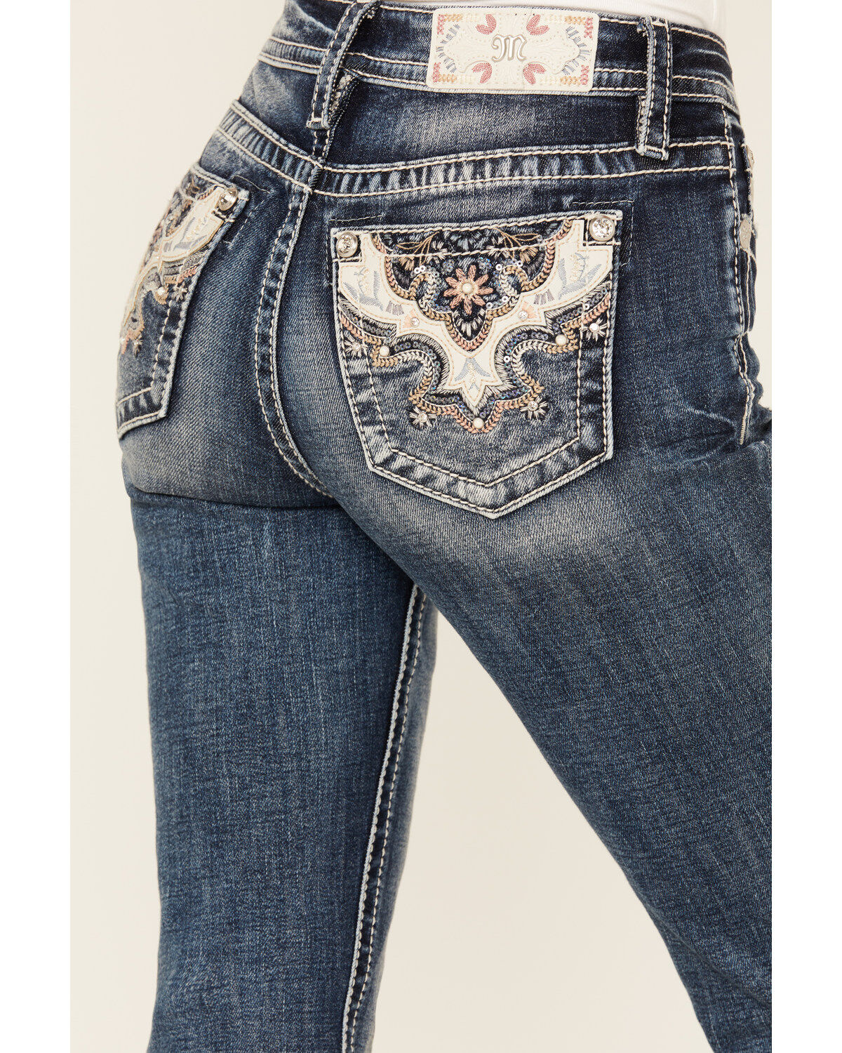 Miss Me Women's Dark Wash Mid Rise Floral Pocket Slim Bootcut Stretch Denim Jeans