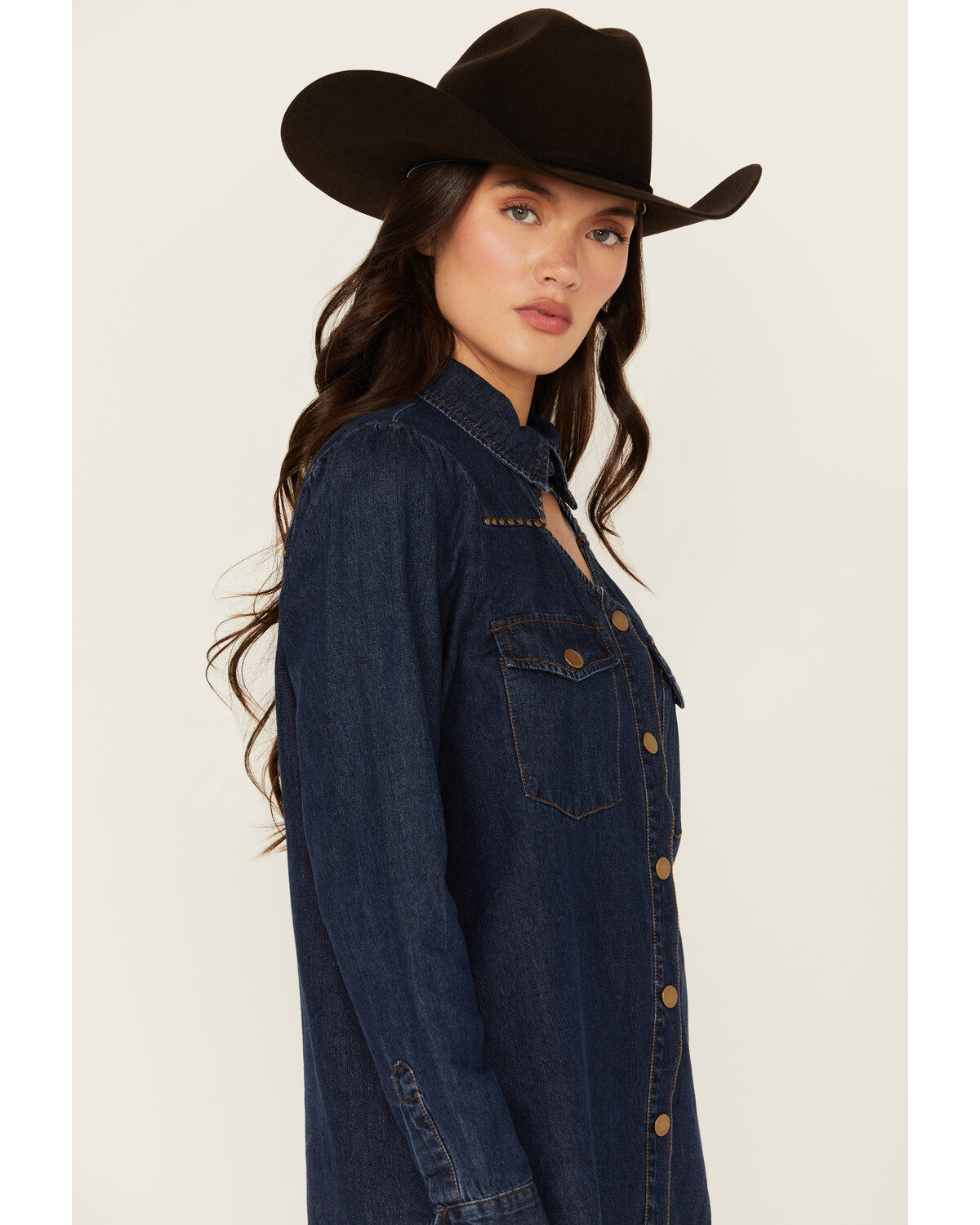 Blue B Women's Dark Wash Studded Keyhole Long Sleeve Snap Denim Shirt