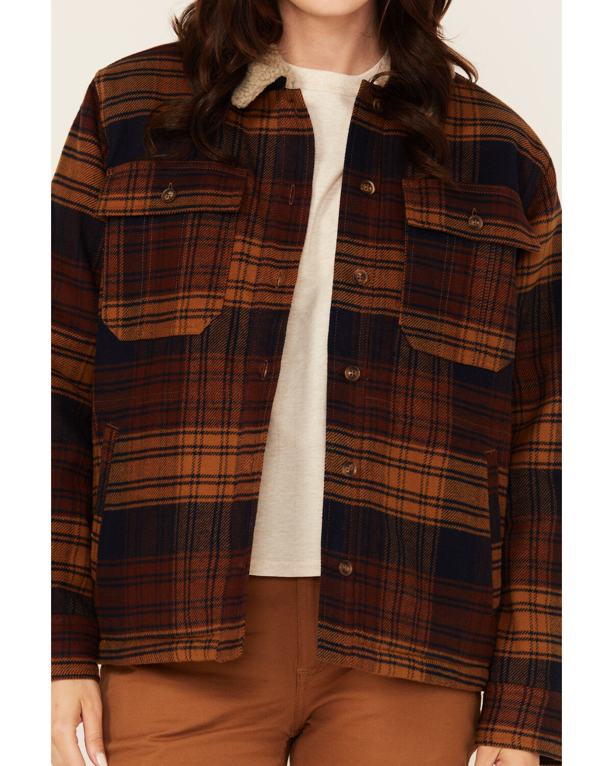 Lucky Brand Workwear Women's Twill Plaid Print Sherpa Lined Button-Down Work Jacket