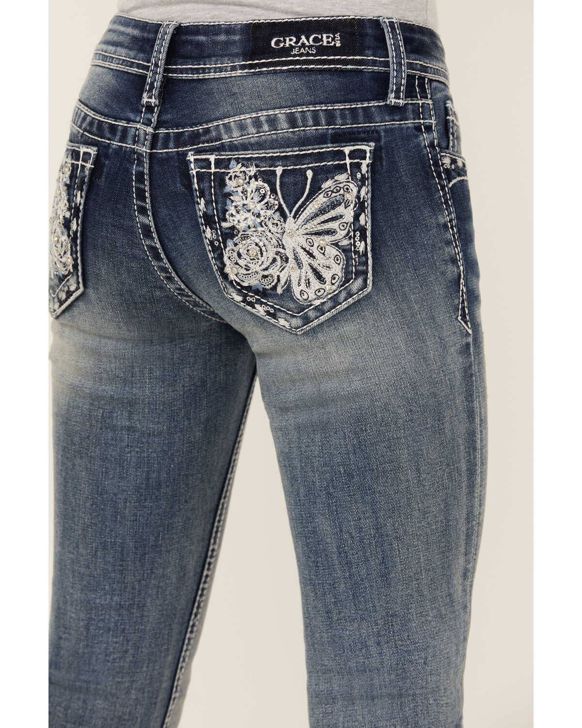 Grace in LA Girls' Medium Wash Butterfly Pocket Bootcut Stretch Denim Jeans