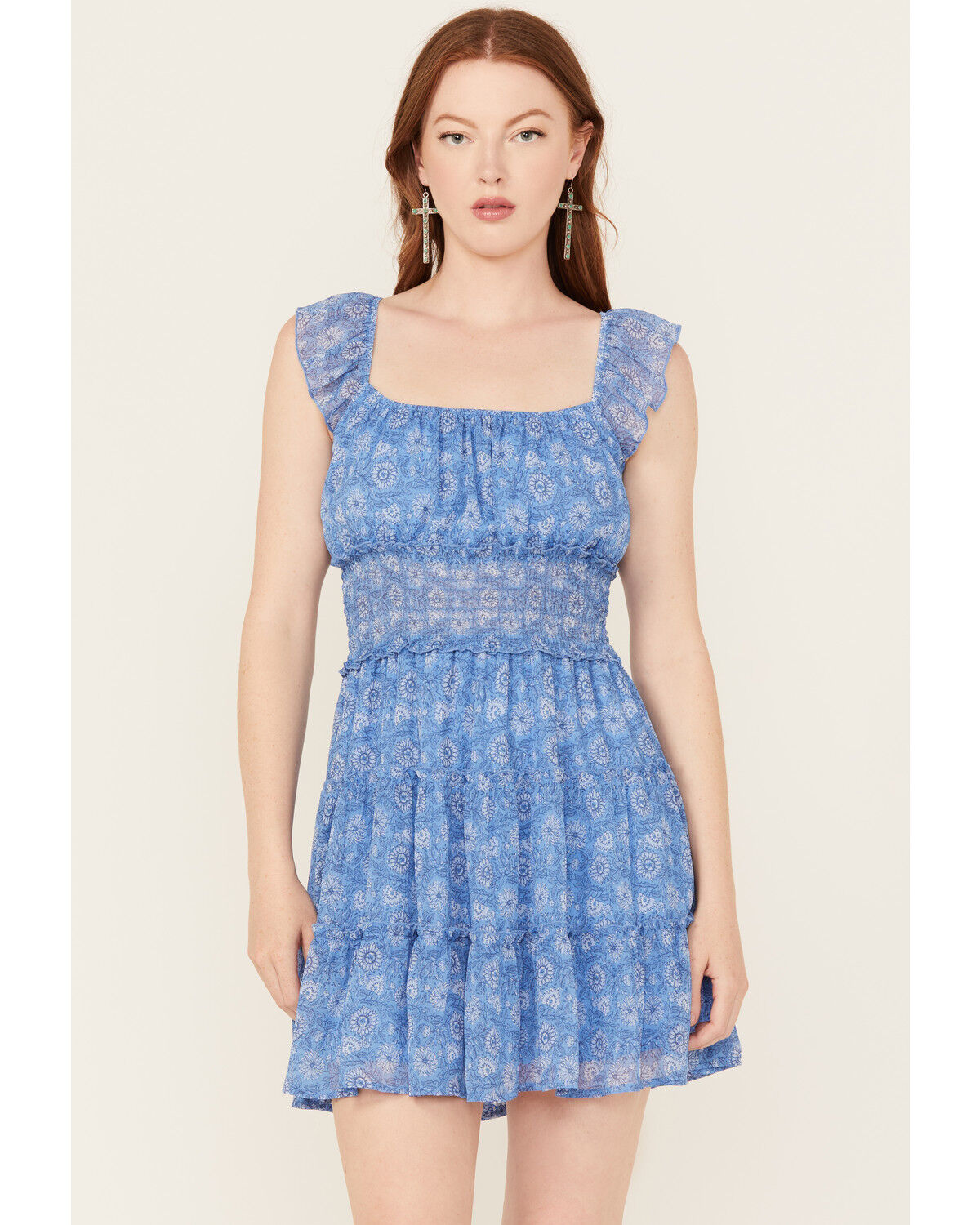 Trixxi Women's Floral Print Smocked Waist Mini Dress