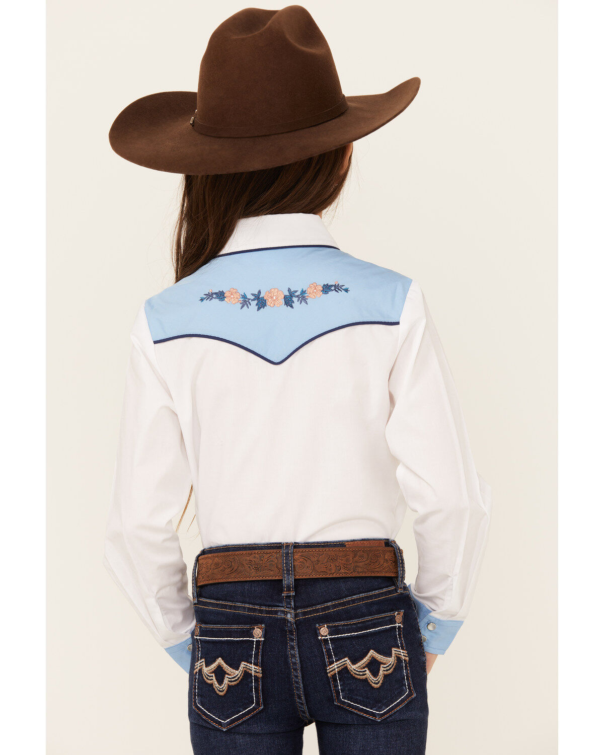 Ely Walker Girls' Embroidered Yoke Solid Long Sleeve Pearl Snap Western Shirt