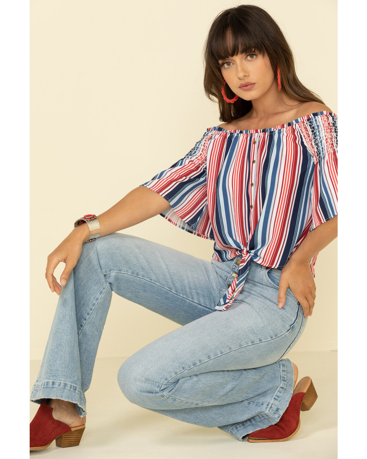 Rock & Roll Denim Women's Americana Stripe Off Shoulder Crop Top