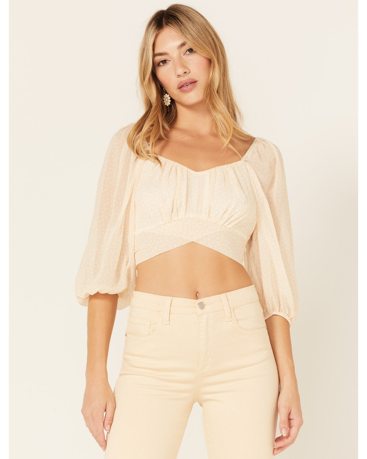 Beyond The Radar Women's Sheer Dot Puff Sleeve Crop Top