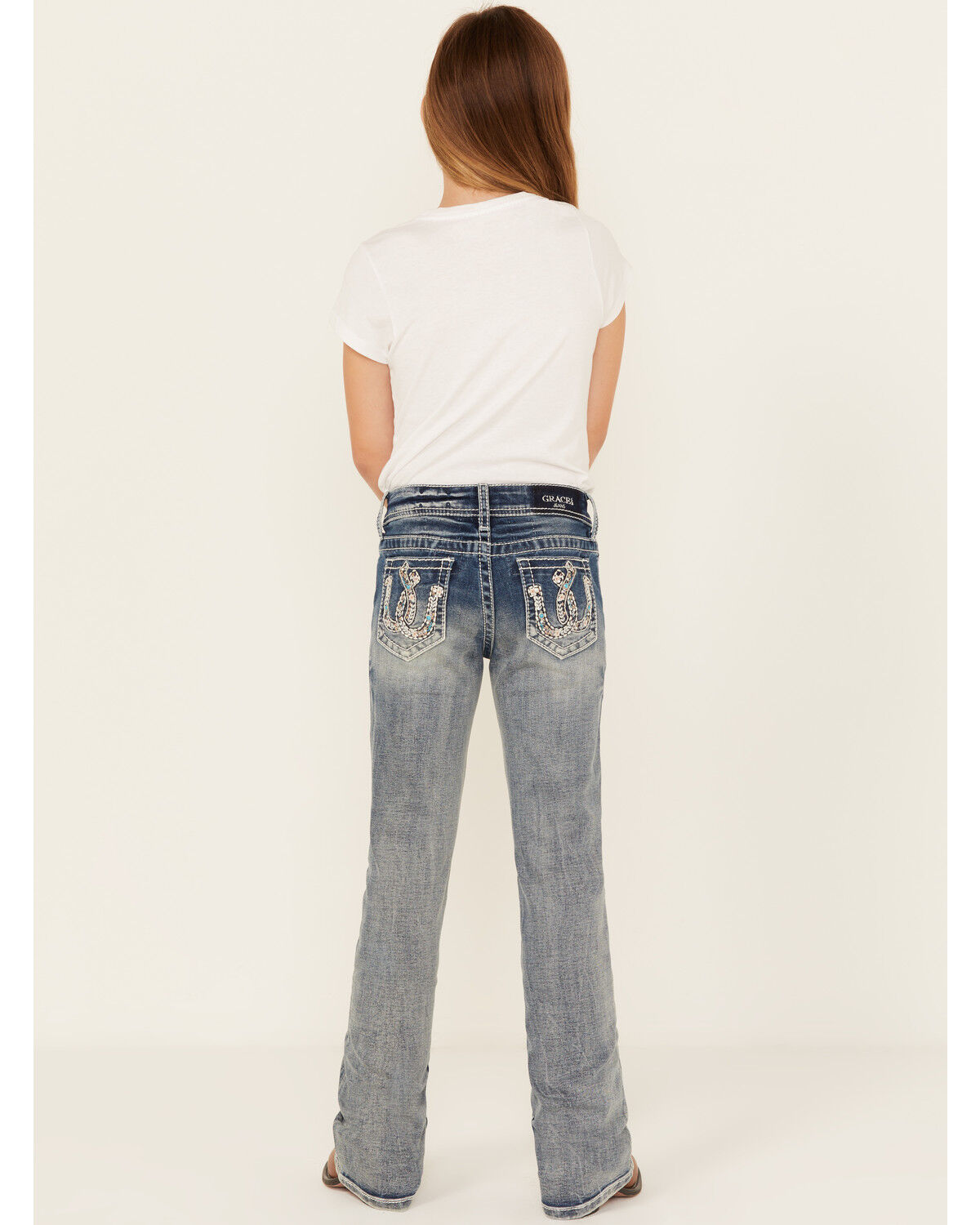 Grace In LA Girls' Double Horseshoe Embroidered Bootcut Stretch Denim Jeans